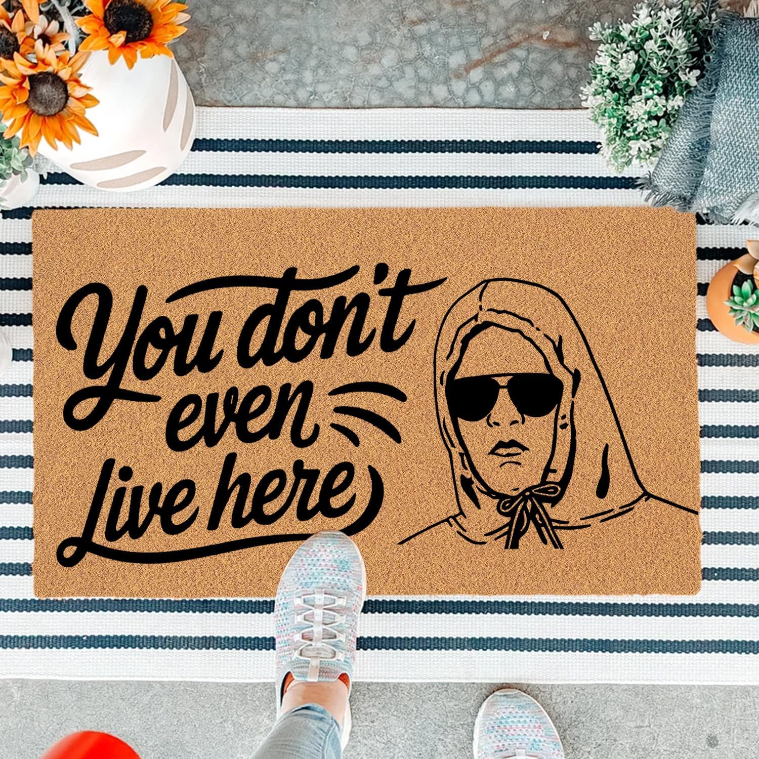 Funny Welcome Doormat You Don't Even Live Here Doormats For Entrance Way Indoor Monogram Colorful Doormat Personalized Non Slip Rubber Mat for Front Door Kitchen Rugs and Mats 30(L) x 18(W)