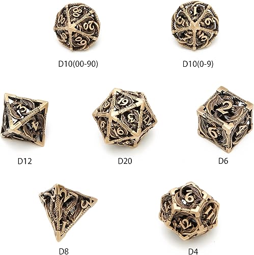 Miniatura 4 de Dados DND, dados de metal huecos D&D, juego de dados de mazmorras y dragones con caja de regalo, 7 piezas de juegos de dados poliédricos steampunk