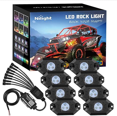 Miniatura 20 de Nilight - Kit de luces LED RGB para rocas 8 piezas 18LED con ángulo amplio para luz de rueda, control remoto y Bluetooth, aplicación con control RGB