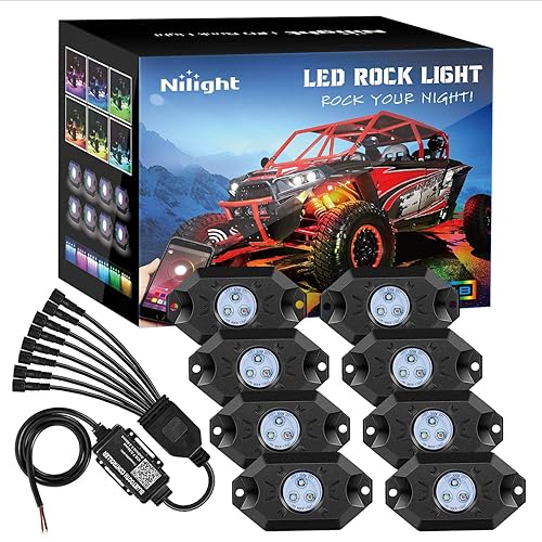 Nilight RGB LED Rock Lights Kit 8 pods Underglow Neon Multicolor with Bluetooth App Control Music Mode IP68 Exterior Wheel Well Party Lamp for ATV UTV Golf Cart Truck Boat RV