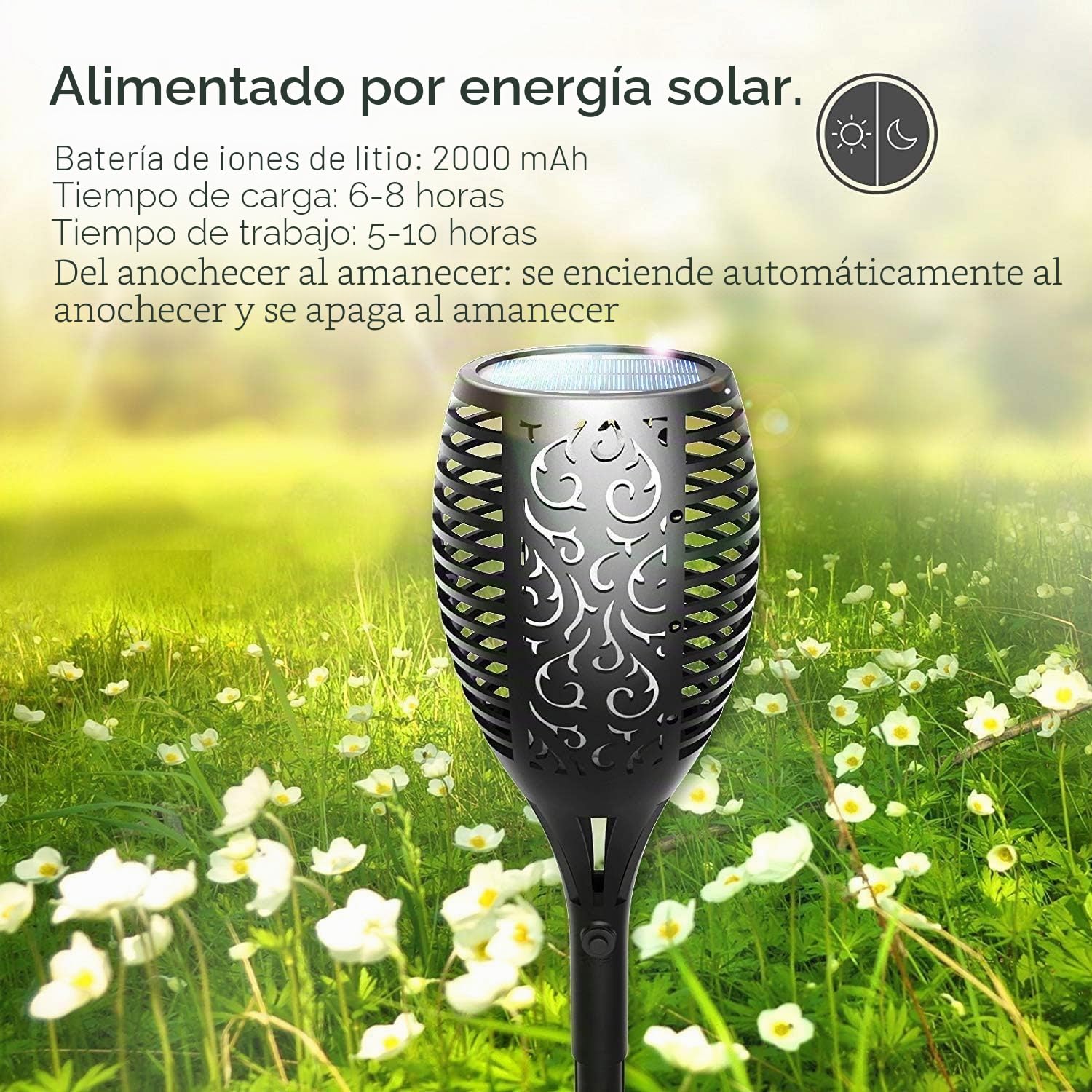 FLOWood Luces solares para jardín al aire libre, paquete de 2 luces solares grandes de 96 LED, llama parpadeante, luces solares para exteriores del anochecer al amanecer, luces de camino impermeables