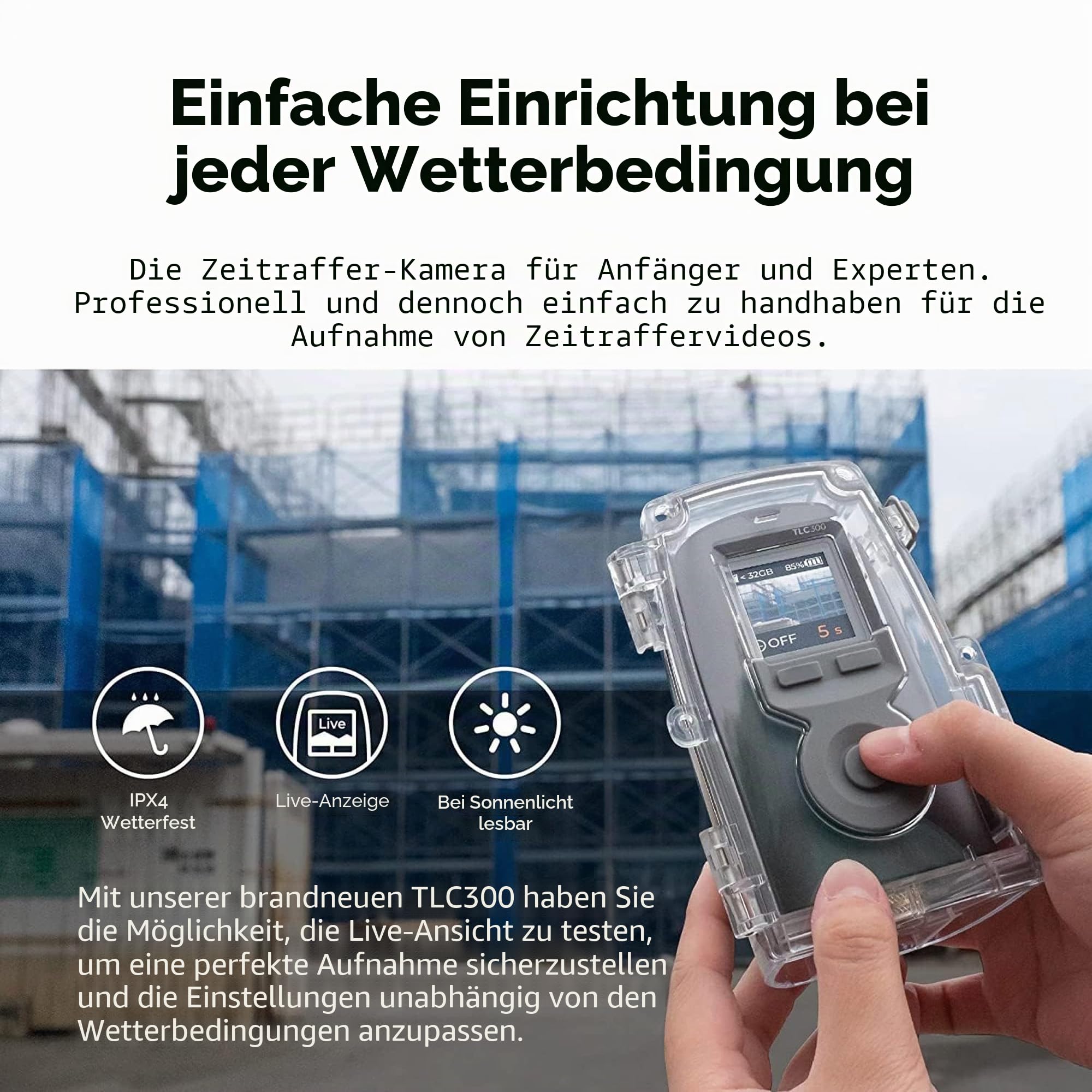 Brinno BCC300-C Video-Zeitraffer-Kit – TLC300 Time Lapse Kamer 1080P FHD HDR, IPS-LCD-Bildschirm, IPX4 Schutzgehäuse, Montageklemme – Einfache Bedienung, ideal für Bauprojekte Innen- und Außen