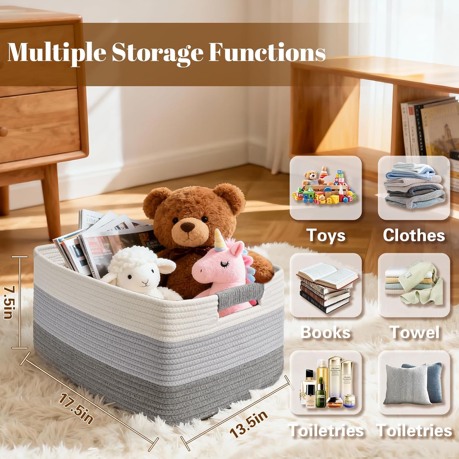 3 Pack Large Storage Basket for Organizing, 17.5"x13"x7" Woven Basket for Shelves, Closet Cube Storage Bins with Wrapped Handle, Cotton Rope Baskets for Kitchen, Clothes, Toys(Gradient Grey)