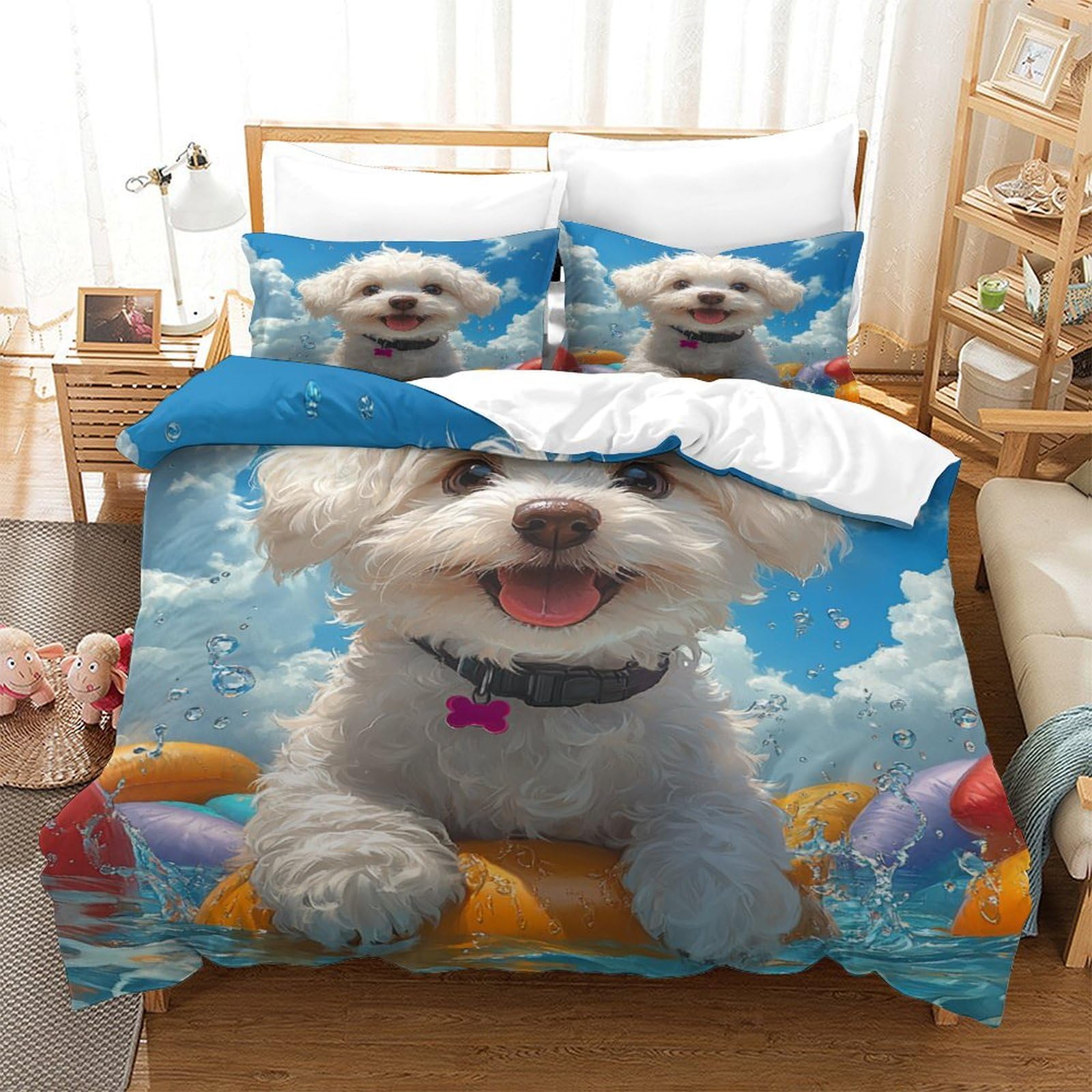 Housse de couette 200x200cm Maltais avec taies d'oreiller en microfibre douce pour lit 2 personnes