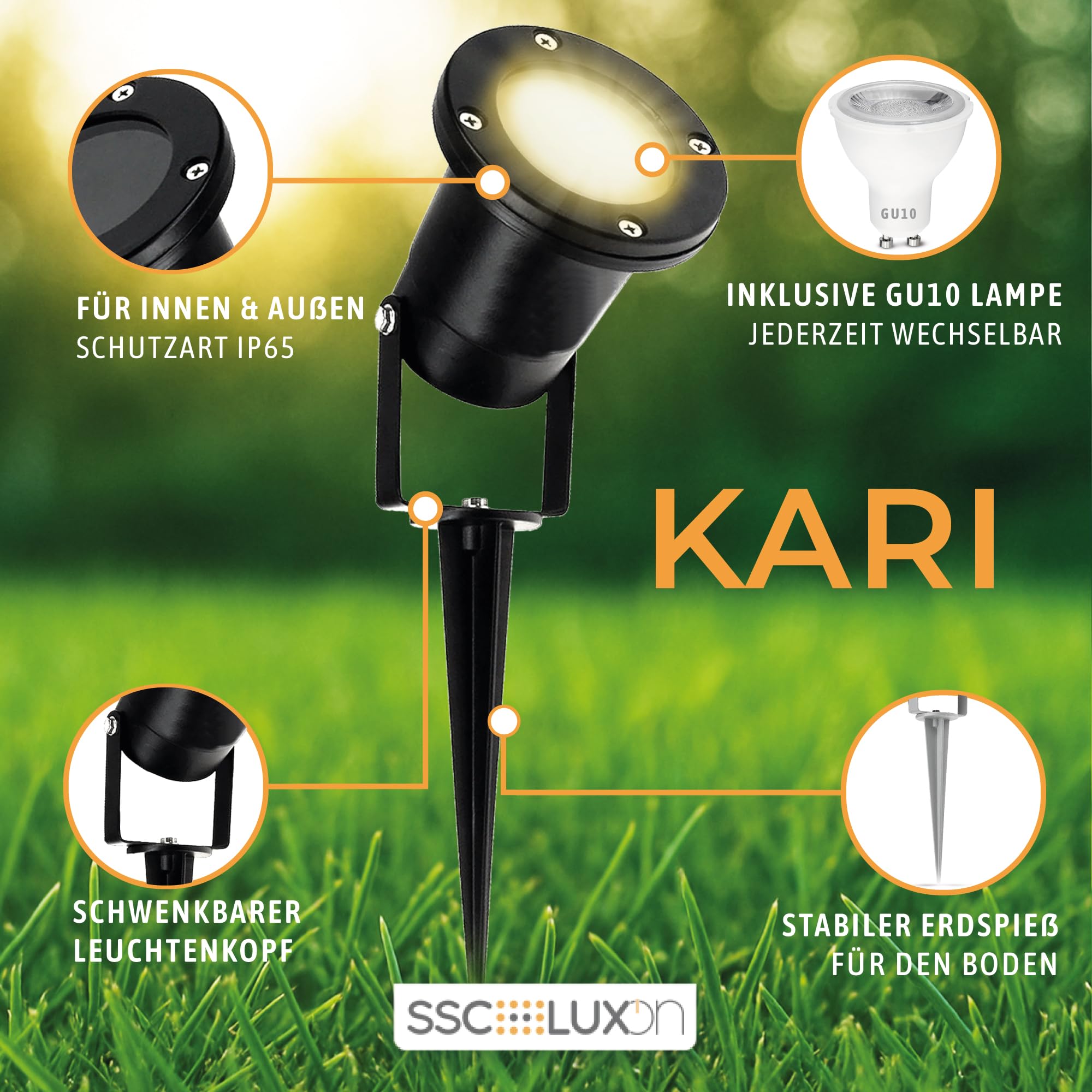 SSC-LUXon Gartenstrahler 2x Erdspieß GU10 3W 3 Lichtfarben schwarz IP65 | Schwenkbarer Gartenspot mit Erdspieß für Beet, Bäume & Fassade - wasserdichtes Gehäuse, Zuleitung 1,8m mit Stecker