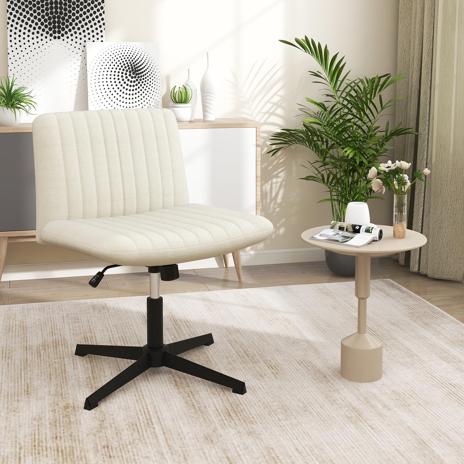 COSTWAY Silla Escritorio sin Brazos, Silla de Oficina con Tela de Lino, Mecedora 120°, Altura Ajustable, Silla Tocador con Piernas Cruzadas Estudio Dormitorio Oficina, 71 x 66 x 78-91,5 cm (Beige)