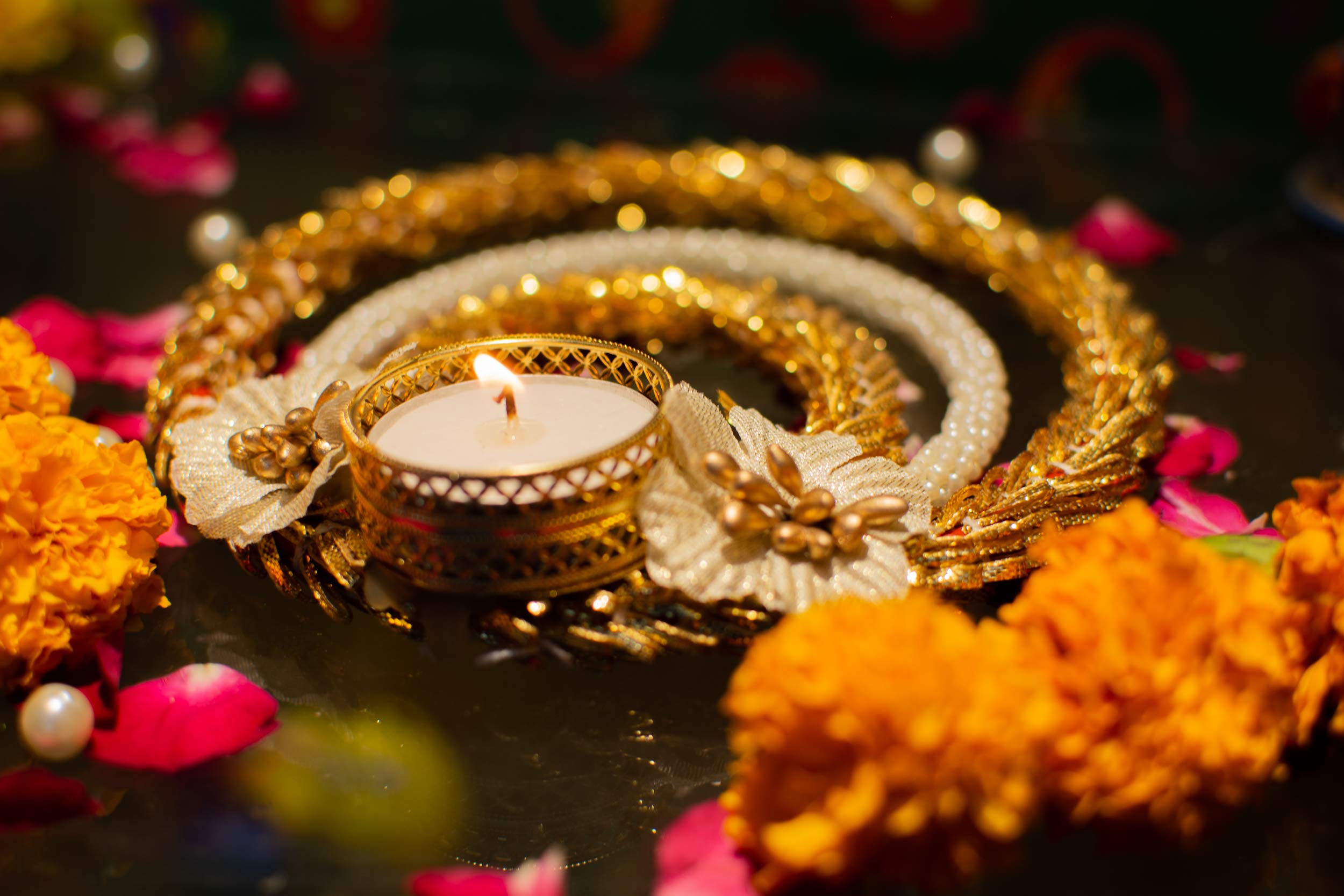 DEVU PARBAT ENTERPRISE Tea Candle Holder and Diwali Decoration Items Traditional Designer Golden Diya with White Flower for décor Pack of 4