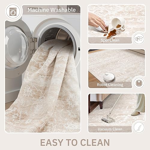 Miniatura 7 de Alfombra lavable, camino vintage de cocina, antideslizante, plegable, alfombra de pasillo para entrada, lavandería, habitación, 2.5 x 8 pies, beige