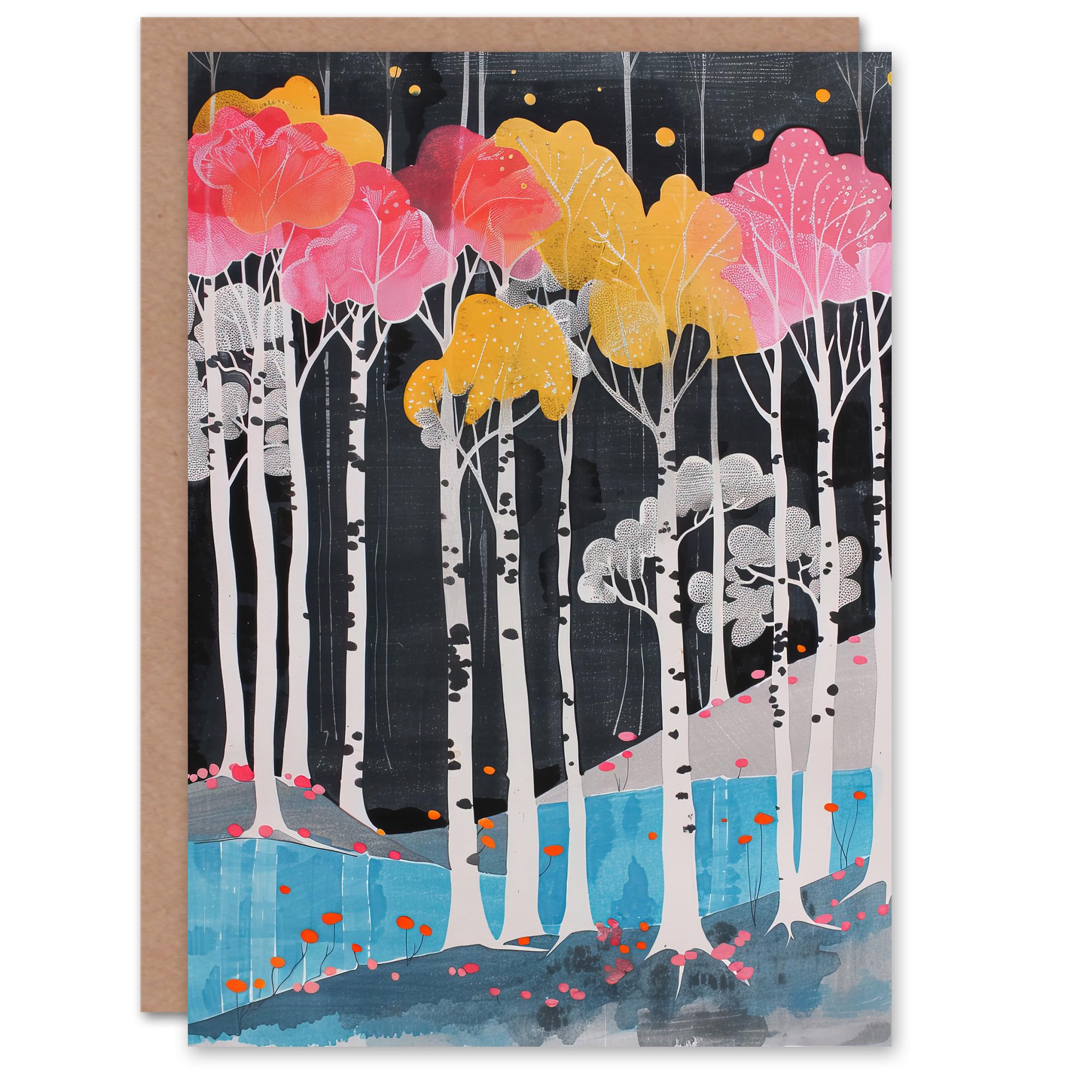 Artery8 Greeting Card Colourful Birch Tree Forest River Bank Landscape Blank For Him Or Her Art Birthday Card