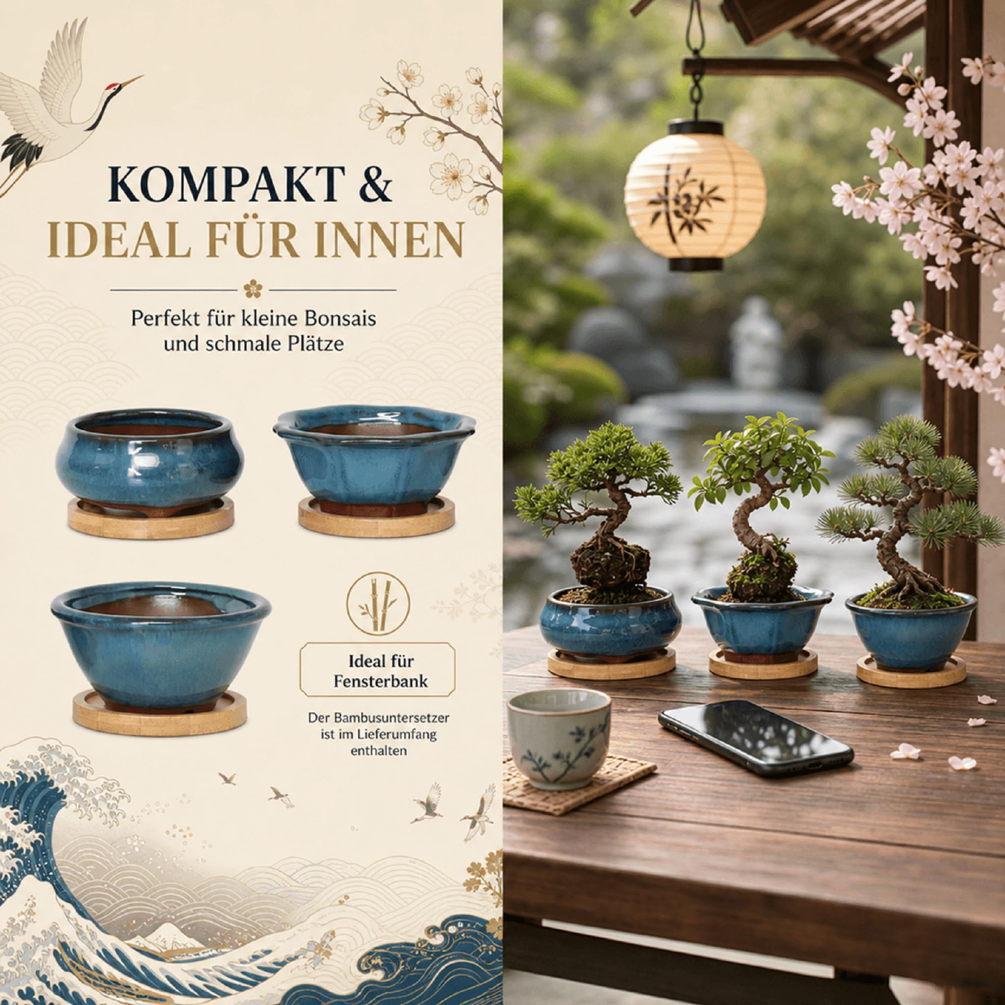 Jinfa Bonsaischalen Keramik 3er-Set  Drainageloch & Bambus-Untersetzer   frostfest & handgefertigt: Amazon.de: Garten