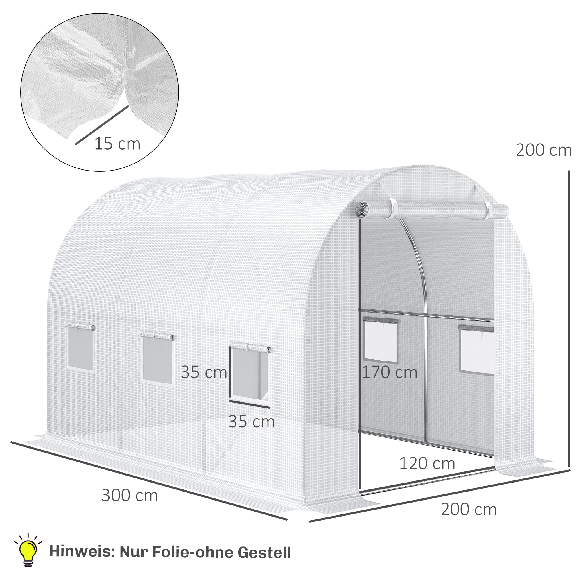 Outsunny Lámina de Polietileno 3x2x2m Lámina de Recambio con 6 Ventanas para túneles de jardín Lámina de Invernadero Lámina de jardín de Polietileno Lámina de Invernadero Blanco
