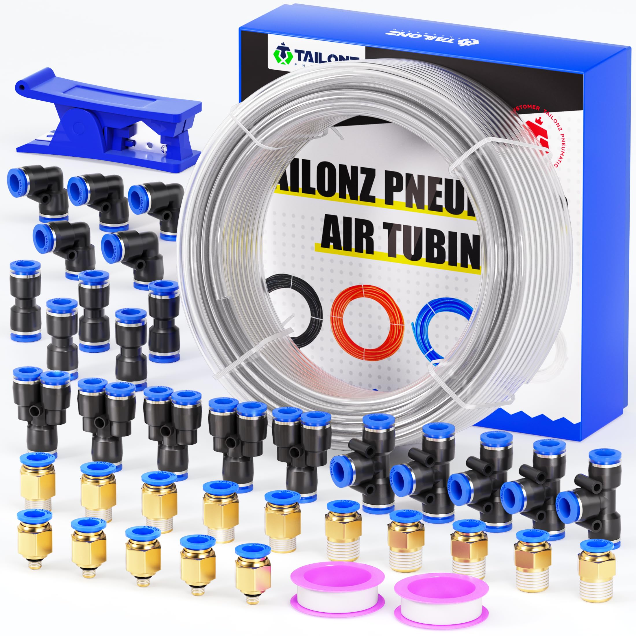TAILONZ Pneumatic Clear 6mm OD 4mm ID Polyurethane PU Air Hose Pipe Tube Kit 32 Meter 100ft — image 1
