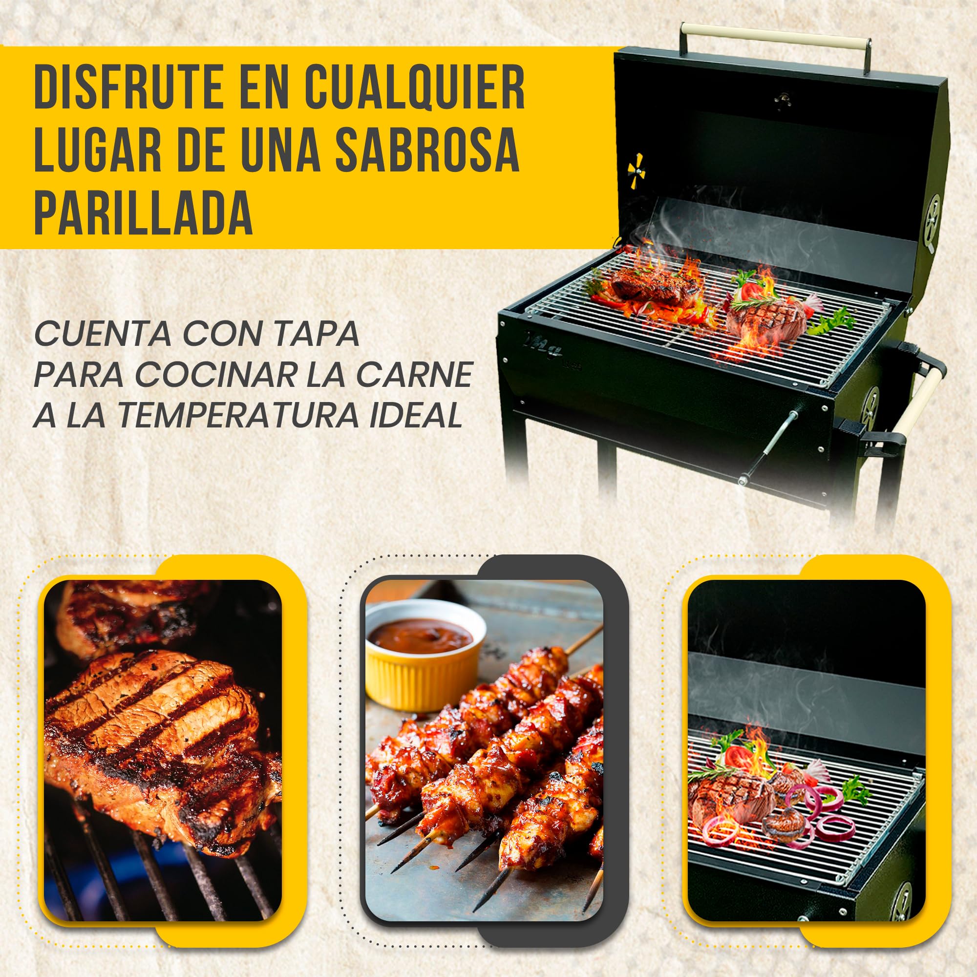 MG- Barbacoa Carbon, bbq, Asador con Tapa para Ahumar o Asar, Barbacoas de carbon y leña con Parrilla Elevable de acero inoxidable, Prepara Carnes, Pescados y Verduras a la Parrilla o al Horno.