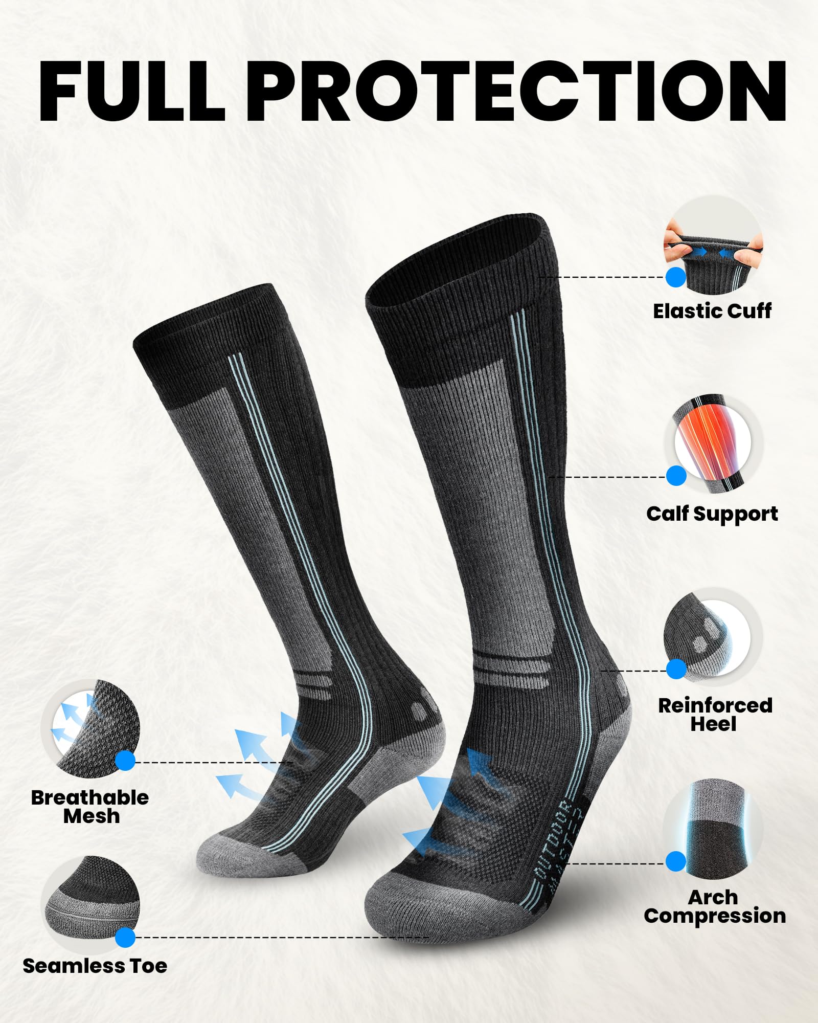 OutdoorMaster Calze da sci in lana Merino Thermolite, Calze da snowboard termiche a compressione per uomo e donna, Freddo