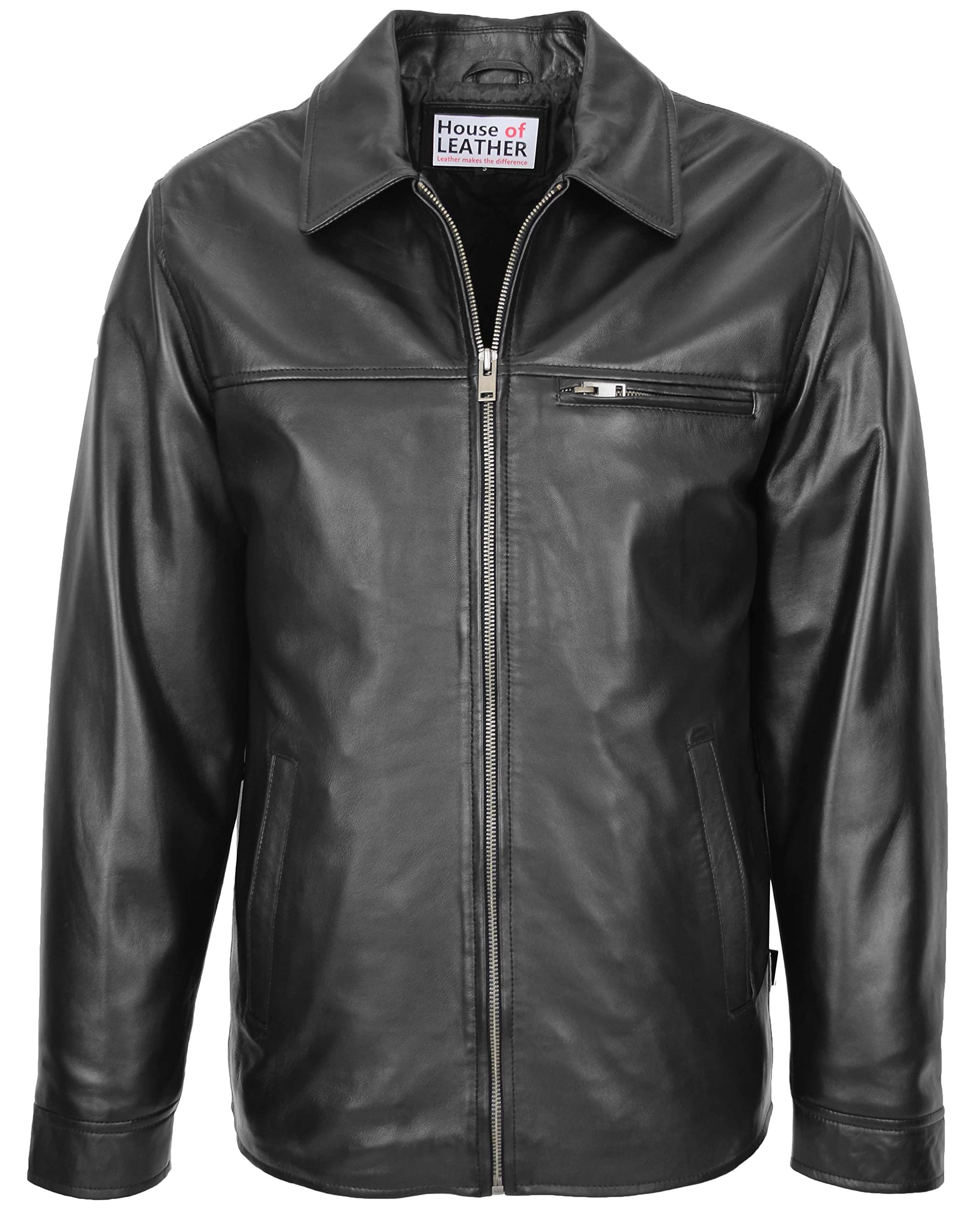 Mens Real Leather Harrington Jacket Zip Box Style Frank Black