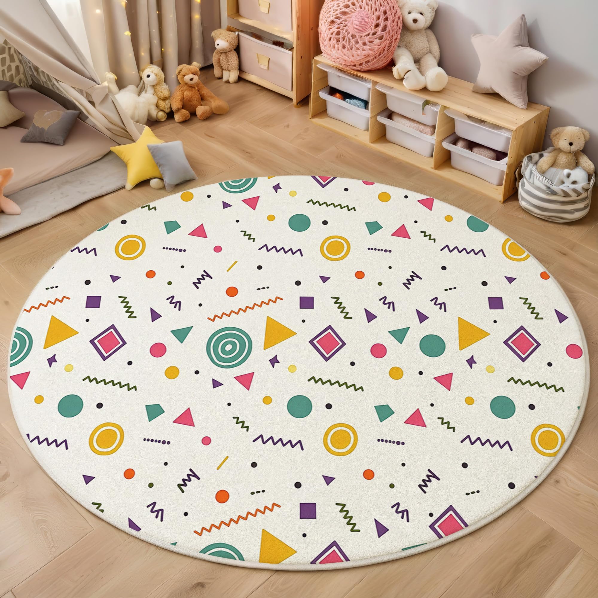 Tapis rond géométrique doux blanc pour une chambre cosy et lavable