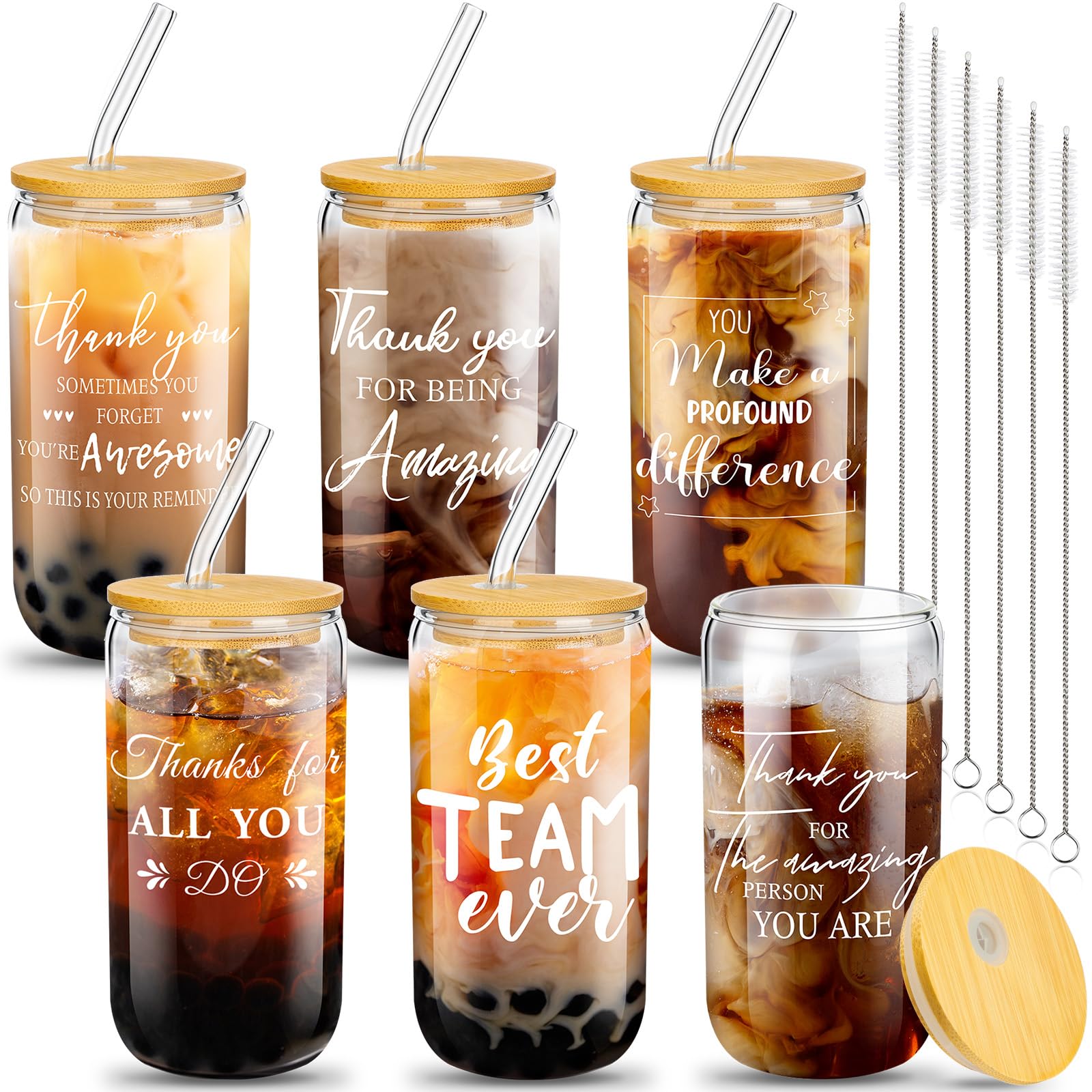 6 Set Employee Appreciation Gifts Thank You Gifts for Staff Coworker Thank You Glass Cups 16 oz Can Shaped Beer Glass with Lids Straws Brushes for Team Teacher Nurse(Novel Style)