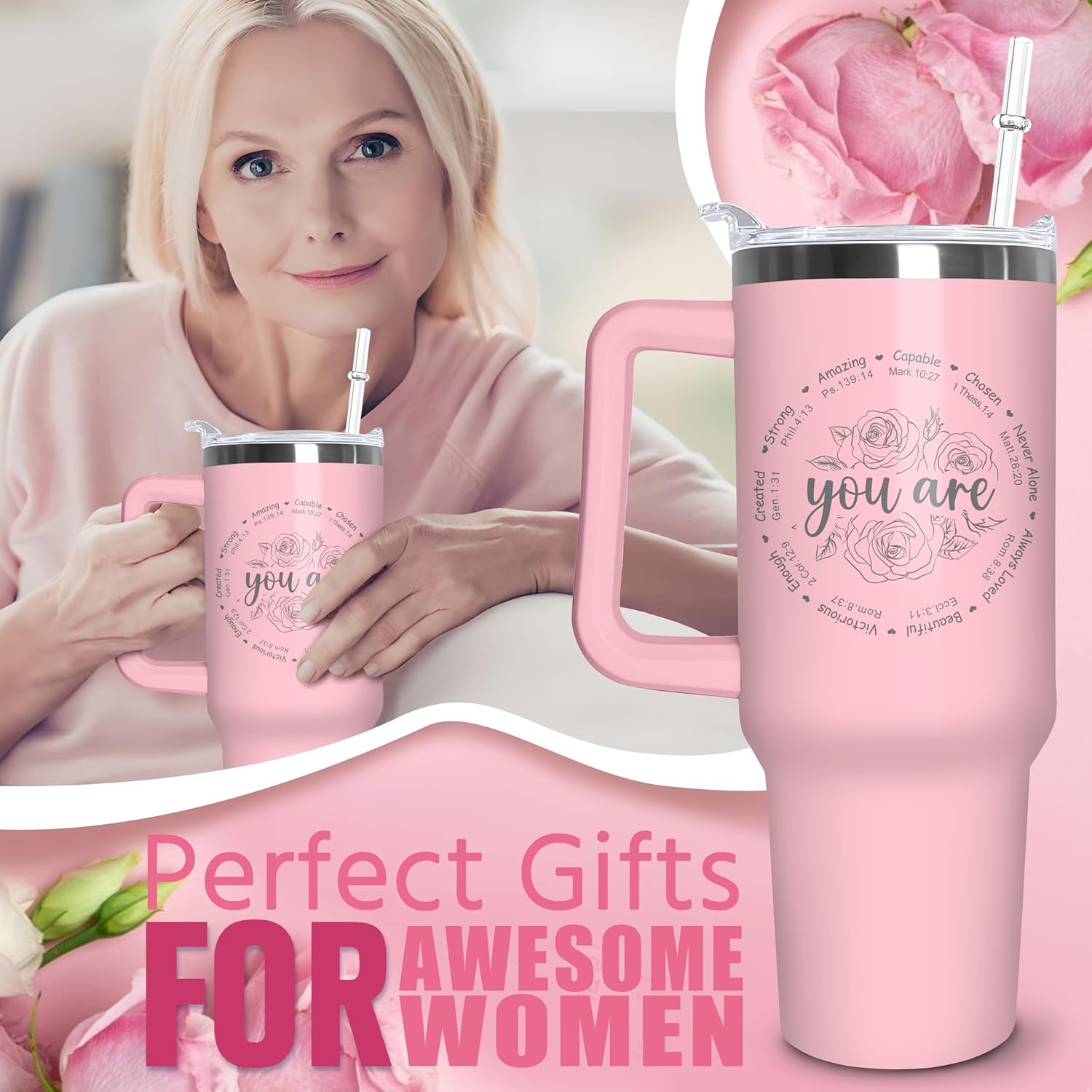 Christian Tumbler with Handle and Straw, 40 oz Vacuum Insulated Water Bottle Stainless Steel, Leak Proof Travel Mug, Inspirational Religious Belief Gifts for Her Women Girl Christmas Mothers Day - Image 2