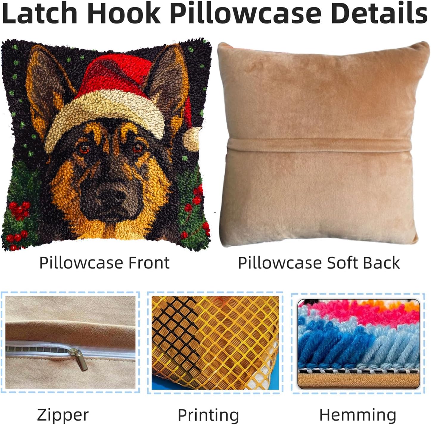 Latch Hook Pillow Kits for Adults Merry Christmas German Shepherd Dog DIY Pillow Cover Printed Pillowcase Crochet Yarns Hooking Handmade Cushion for Home Sofa Decoration 17x17inch(11)