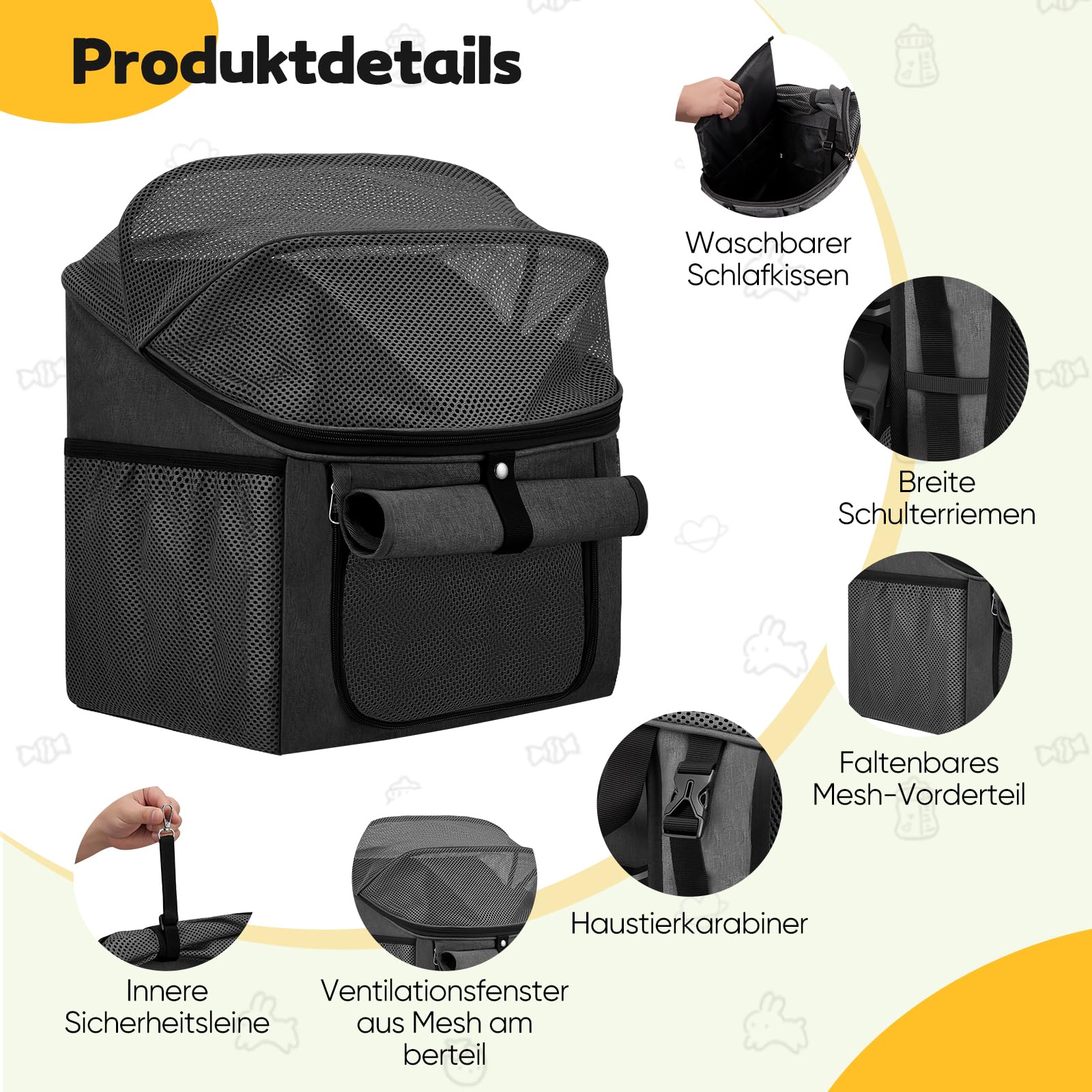 Panier de vélo 4 en 1 pour chien, panier avant de vélo pour chiens et chats, sac à dos amovible avec 4 fenêtres en maille et ceinture de sécurité, sac respirant pour animaux de compagnie pour vélo