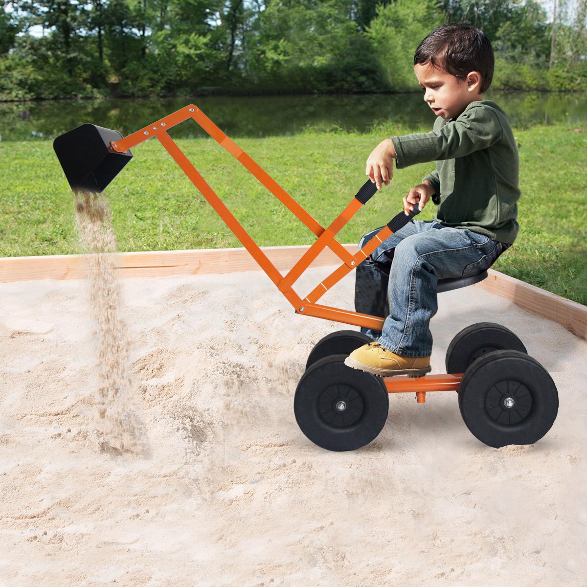 FANTASK 360° Sitzbagger mit Schaufel & Rädern bis 50KG, Kinder Bagger zum Draufsitzen Metall, Bagger Sandkasten, Aufsitzbagger Sandbagger (Orange)