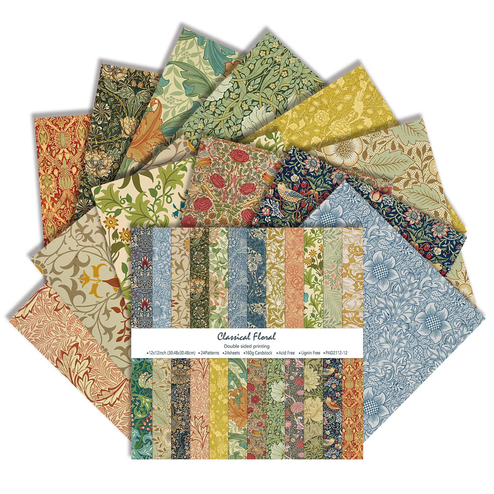 12x12 Inch Vintage Scrapbook Paper 24 Sheets, 160gsm Double Sided (Green)