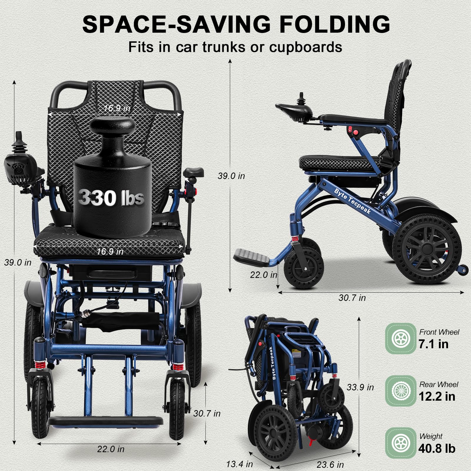 Byte Tecpeak D04 sedia a rotelle elettrica pieghevole leggera, dotata di batteria removibile da 12AH e motore da 500W, autonomia fino a 20km, capacità di carico di 150 kg-Blu