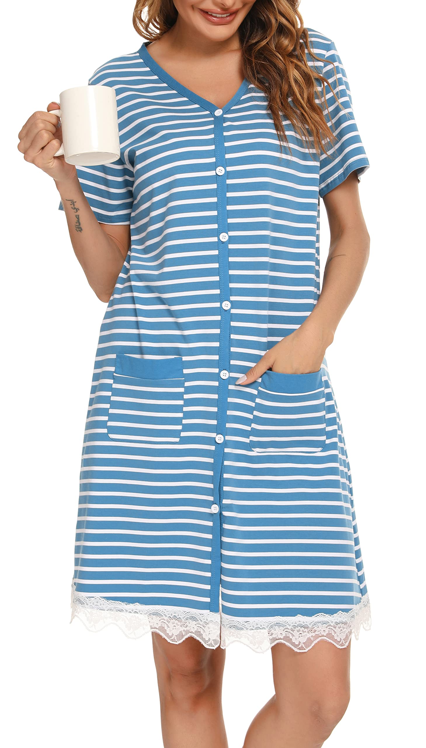 Vlazom Camisones Mujer Invierno de Algodón Camison Manga Larga a Rayas S-XXL