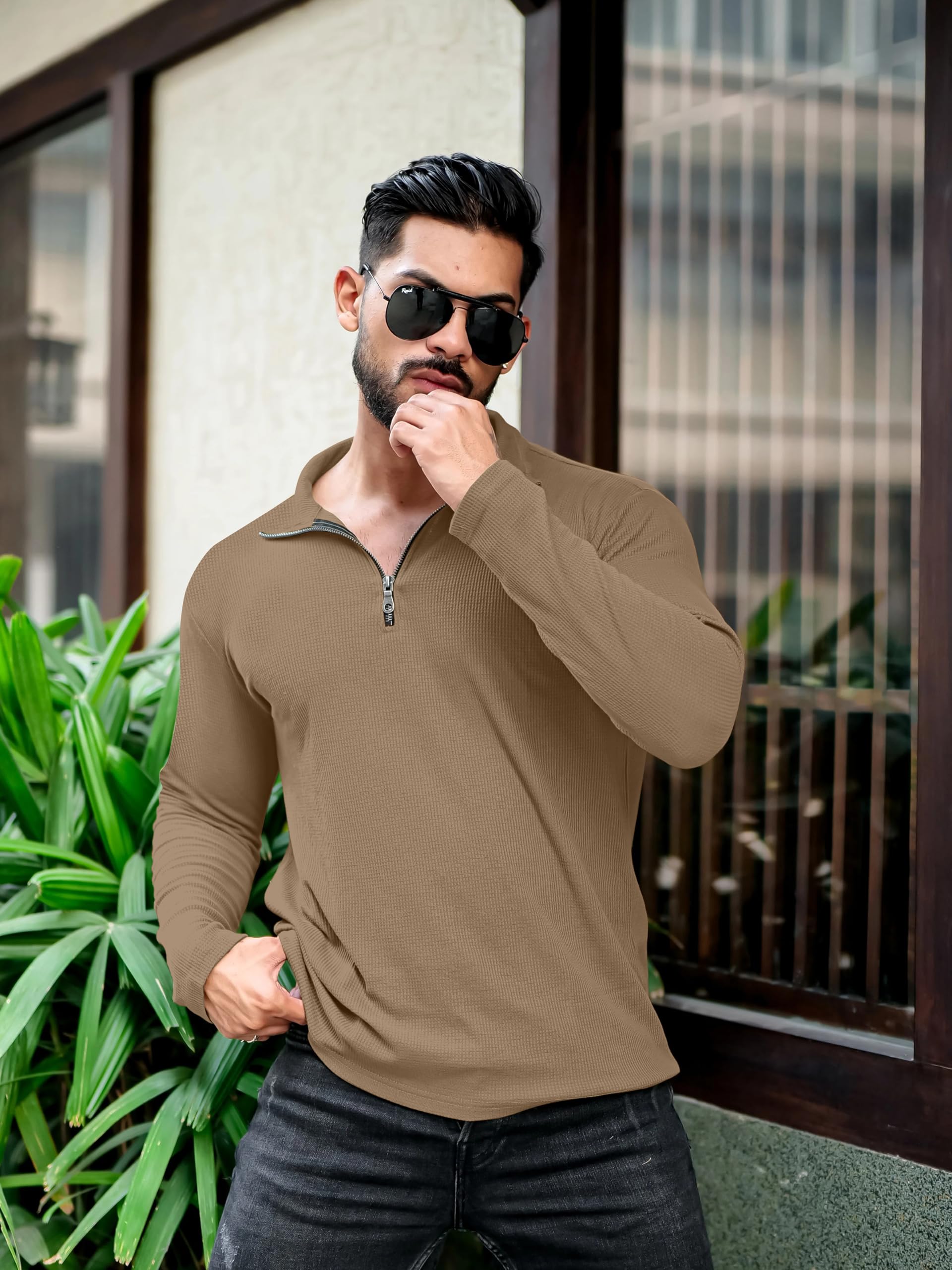 KAJARU Men's Polyester Blend T Shirt with Spread Collar Neck Line Zipper Closure Full Sleeves Solid Pattern Regular Fit and Standard Length - Image 6 thumbnail
