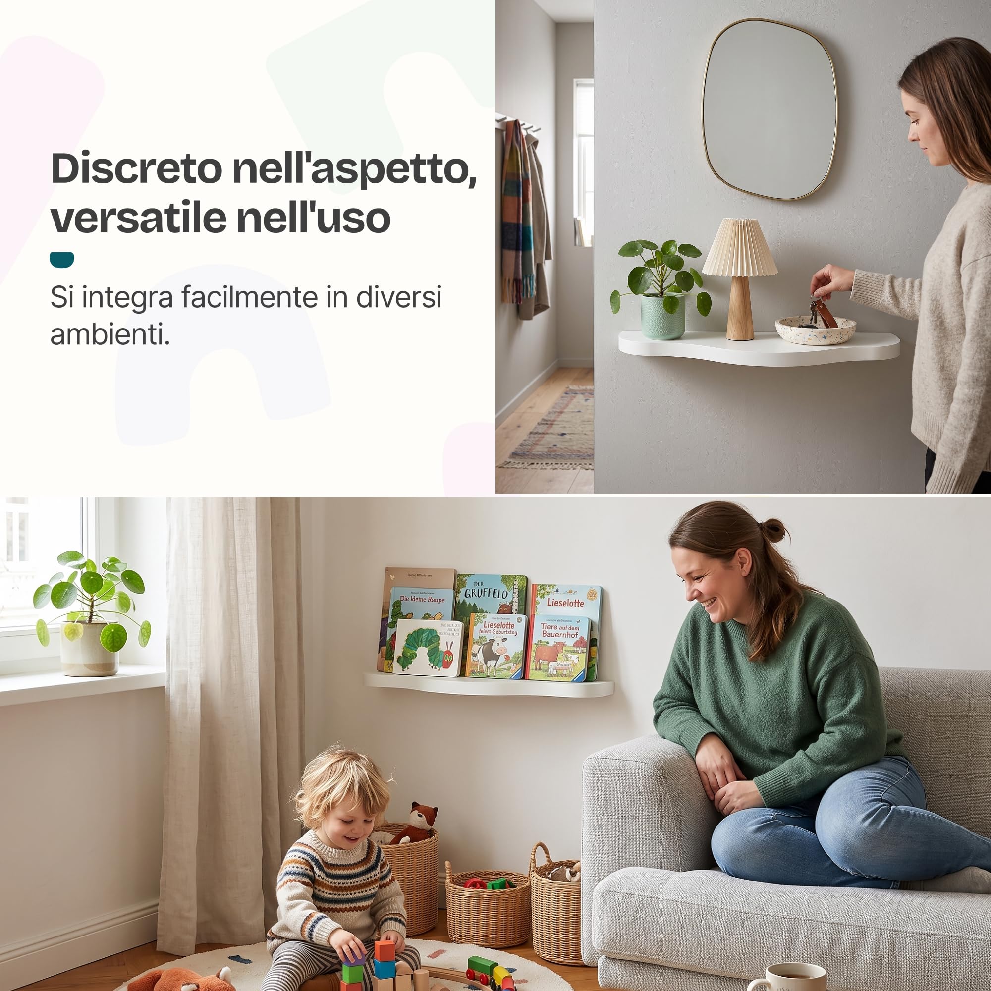 [en.casa] Set di 2 Mensole da Parete per Bambini Ripiani Decorativi Portaoggetti Sospesi a Muro per Libri Giocattoli Decorazioni Cameretta Soggiorno Corridoio 57 x 19 x 3 cm - Bianco