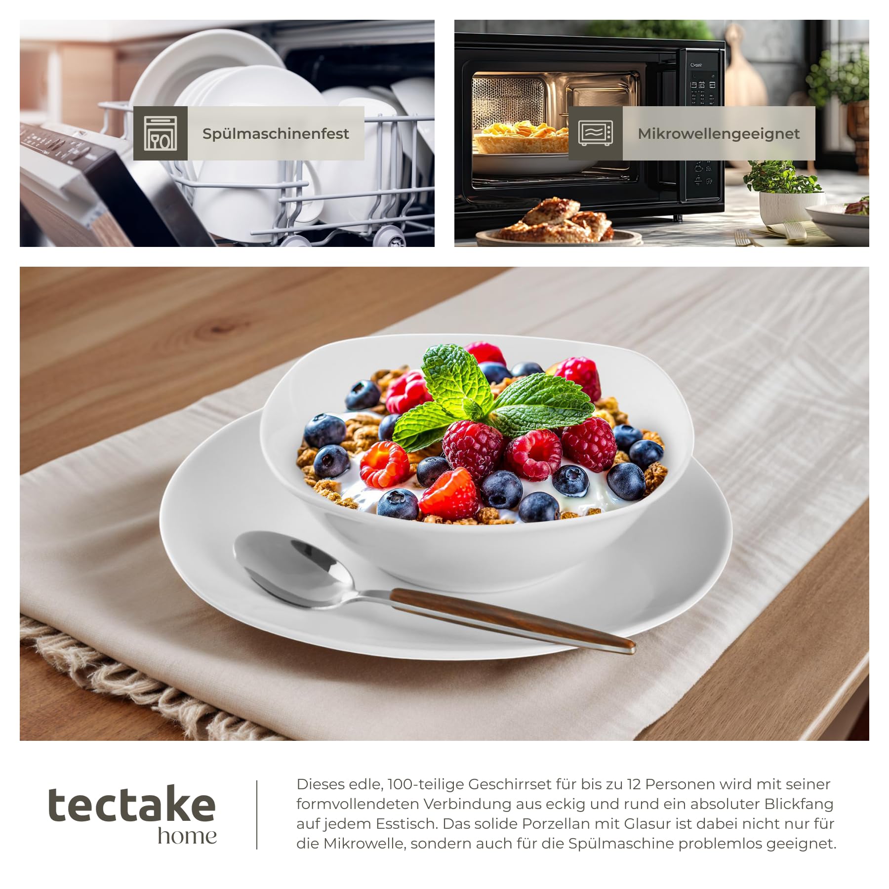tectake® Geschirrset 12 Personen, Porzellan Geschirr Set 100tlg, u.a. 12x Dinner Teller Set, 12x Dessertteller, 12x tiefe Teller, 12x Tasse, 12x Müslischale, Salatschüssel, Milchkännchen, Zuckerdose
