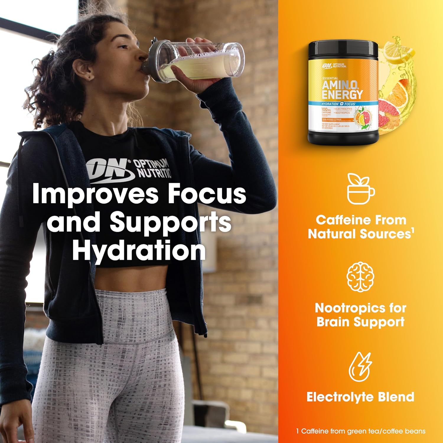 Optimum Nutrition Amino Energy Powder Plus Focus, with BCAA, Electrolytes, and Caffeine, Sunkissed Citrus, 65 Servings (Packaging May Vary) - Image 5