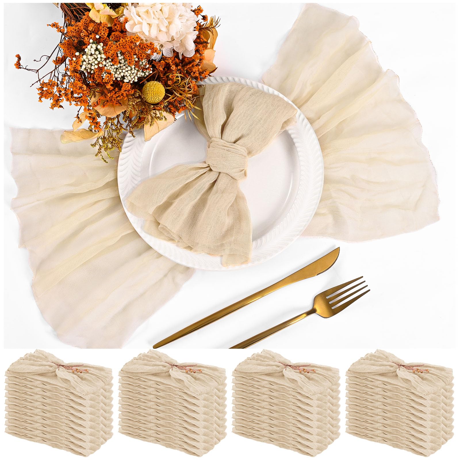 Teruntrue 30 Pack Beige Cloth Napkins Cheesecloth Napkins Set of 30 Gauze Napkins Bulk Washable Boho Dinner Table Napkins Wedding Party Birthday Party Decorations，20 x 20 Inch