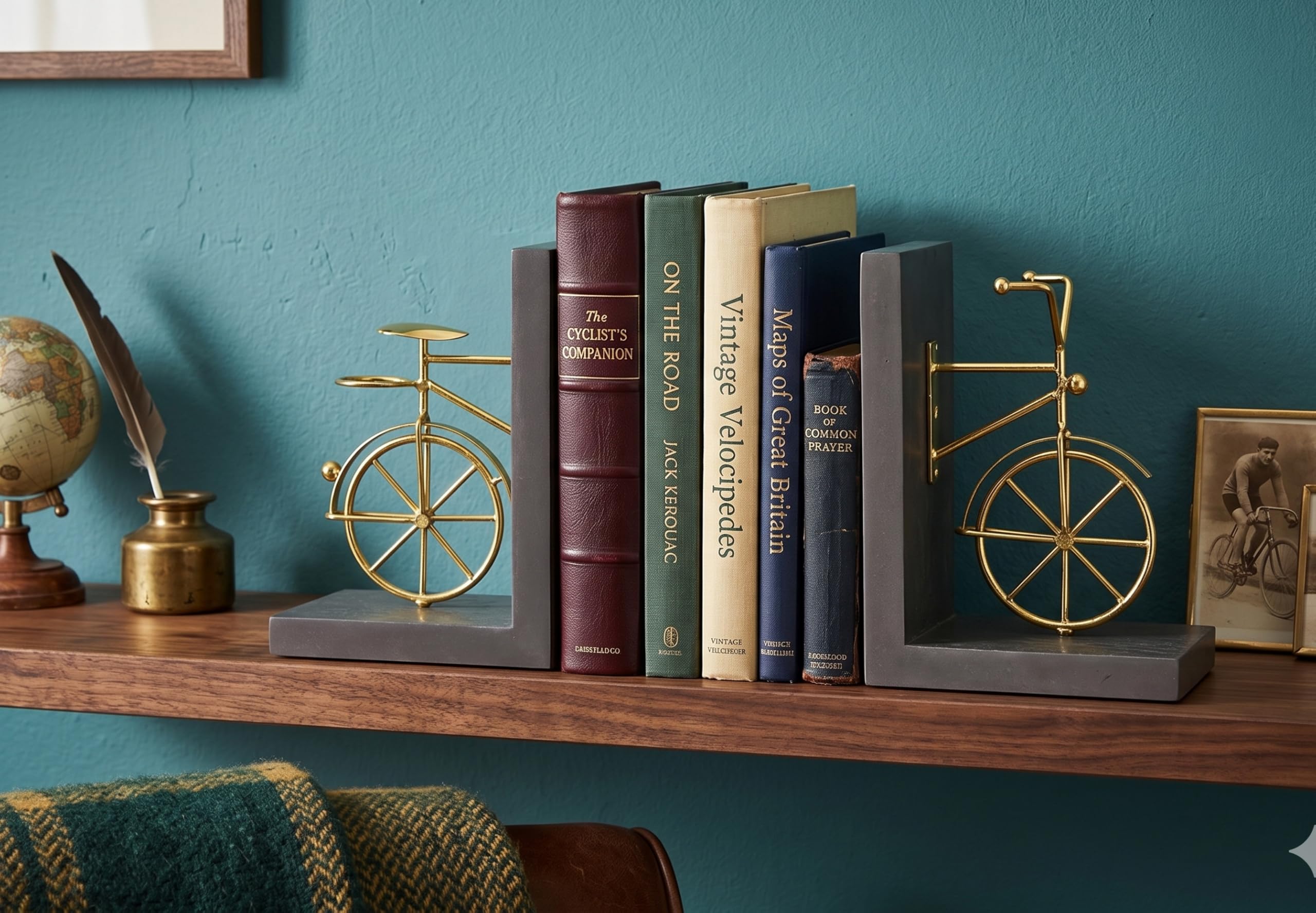 Sujetalibros para Bicicleta, Sujetalibros Decorativos con Respaldo Antideslizante, Soportes para Libros de Madera y Metal para Estantería, Escritorio, 1 Par, Marrón Dorado