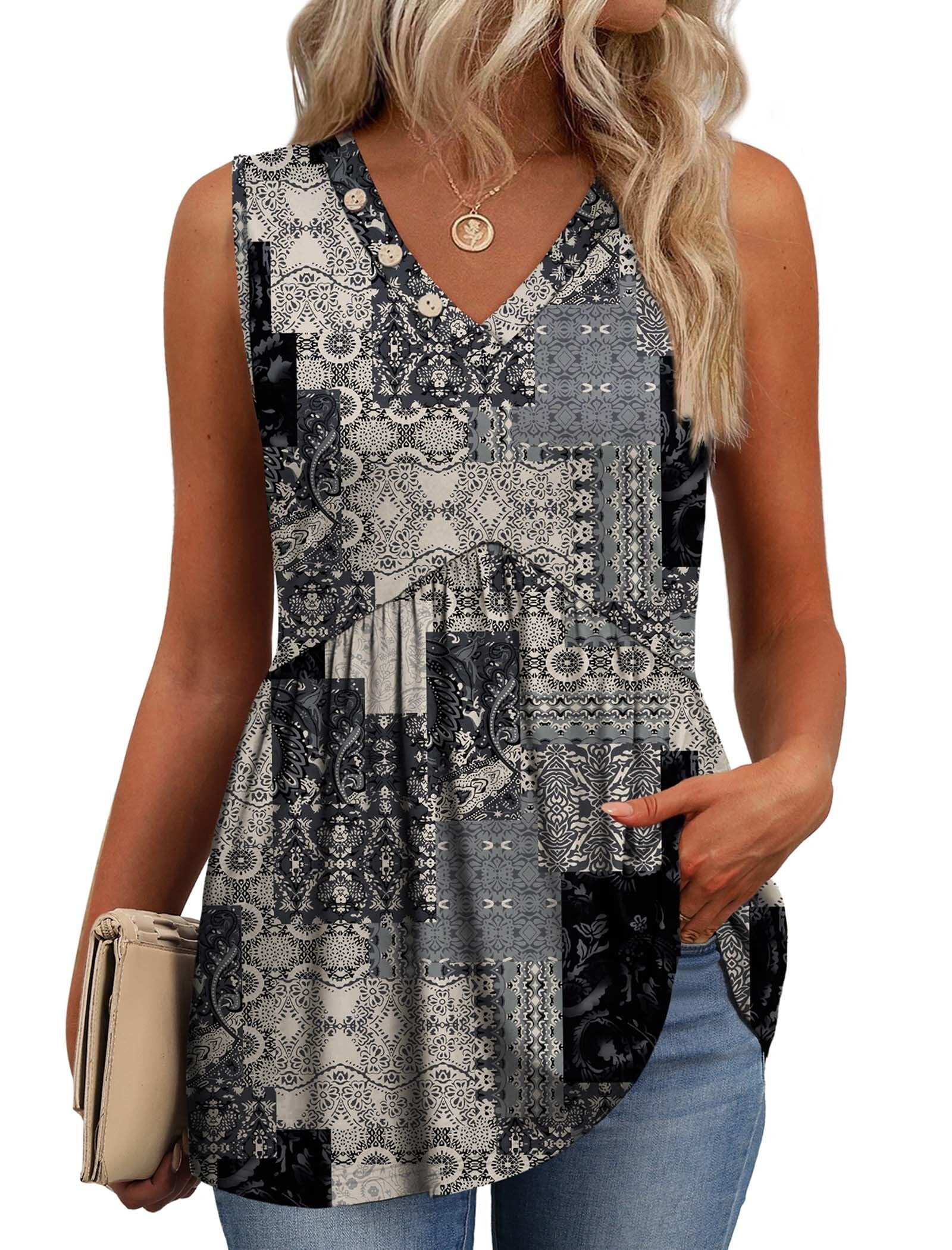 OFEEFAN Womens Tank Tops 2026 Boho Fashion Clothing Flowy Peplum Top Button Down Sleeveless V Neck Babydoll Tank