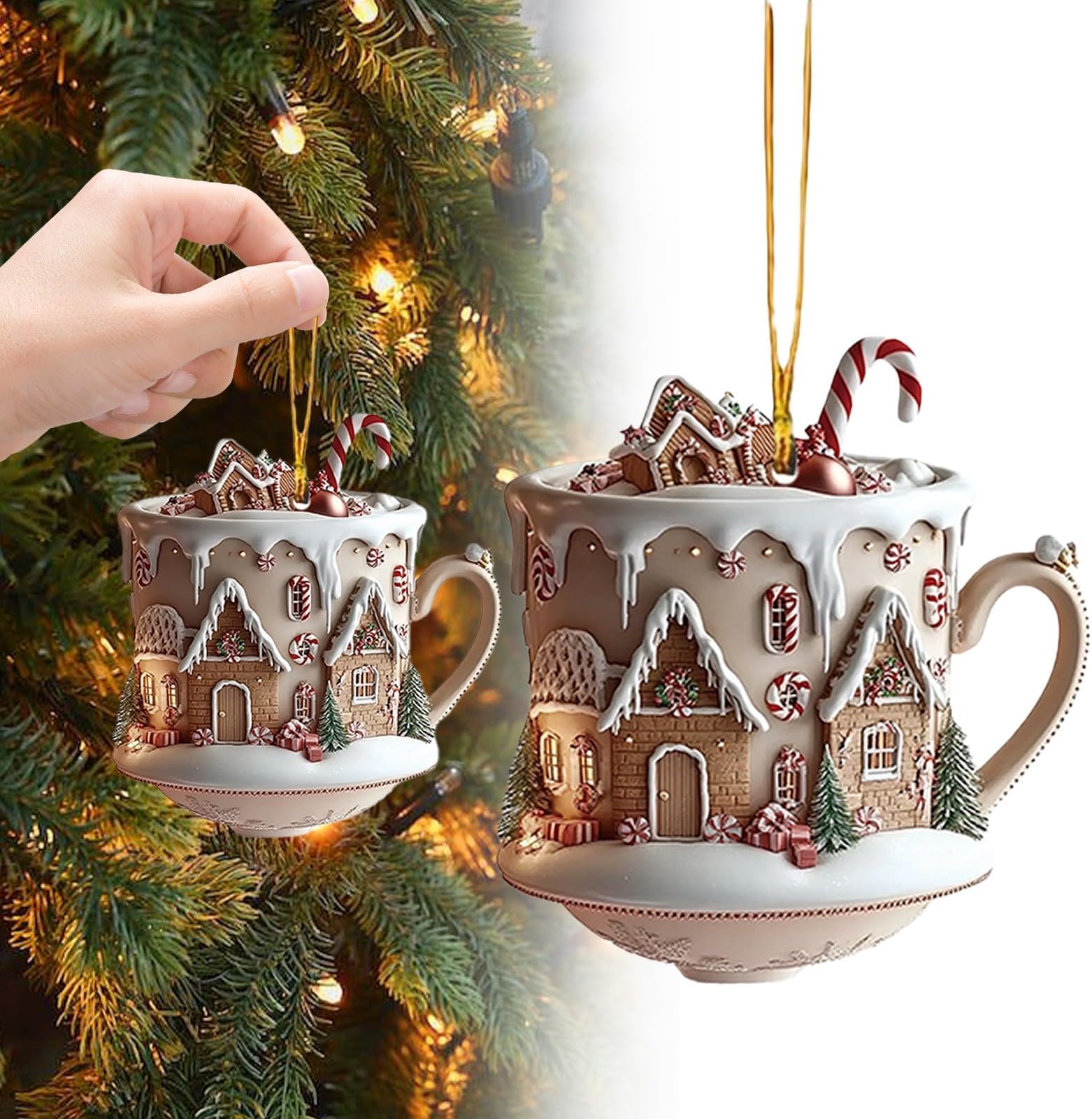 Friday Black Deals Hot Cocoa Coffee Ornaments for Christmas Tree Decoration, Christmas Snow House Hot Chocolate Mug 2D Acrylic Coffee Cup Christmas Ornament, Funny Christmas Landscape Pendant (B)