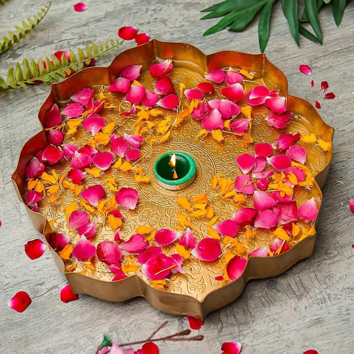 Metal Lotus Urli Bowl 12 Inch for Home Décor | Round Floating Flower & Diya Urli Platter for Tabletop Centerpiece | Lakshmi Pooja, Diwali, Festival & Wedding Decoration | Gold | 25 x 5 cm-image-5