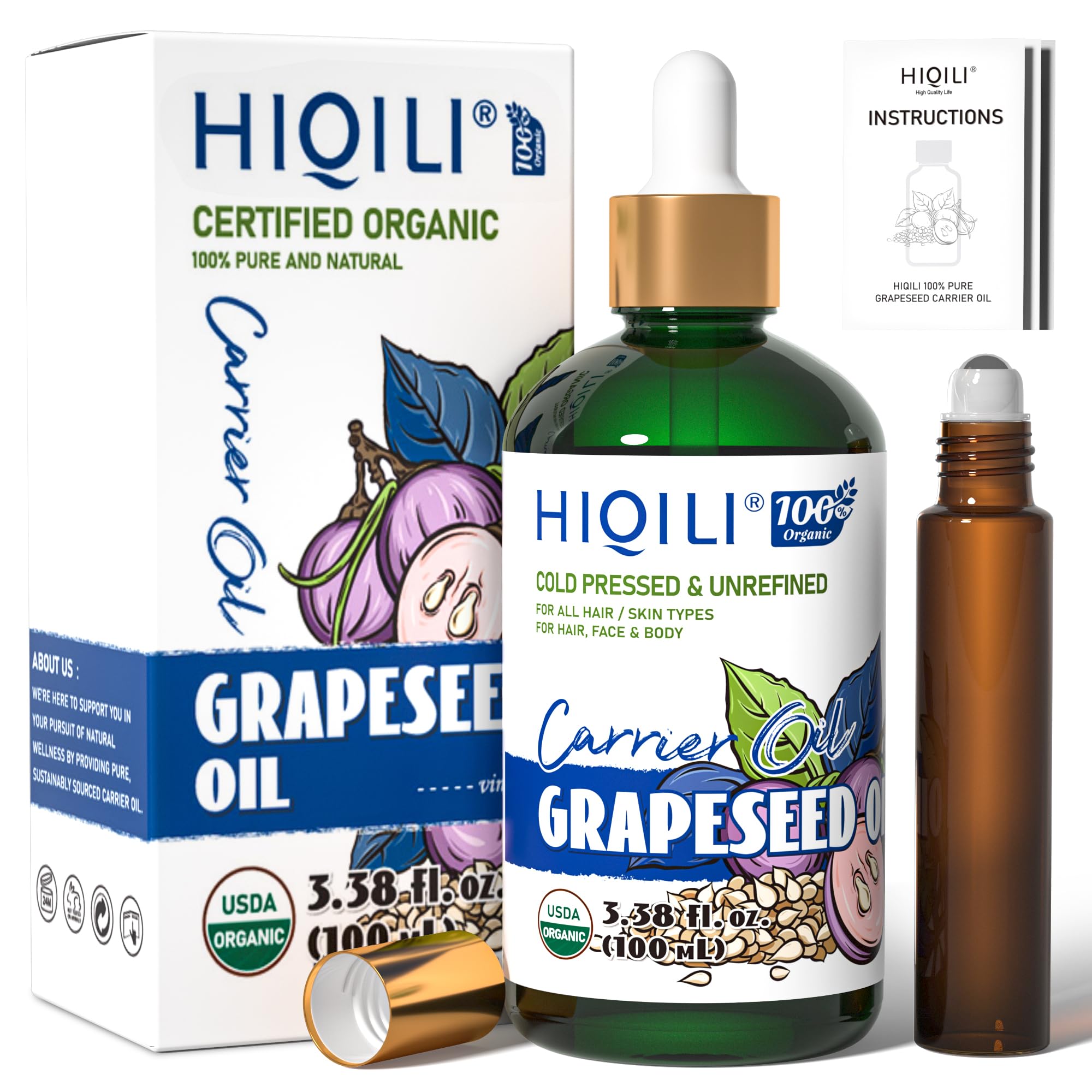HIQILI 3.38 Fl Oz Organic Grapeseed Oil for Hair, for Skin, Carrier Oil for Essential Oils Mixing, 100% Pure & Natural-100MLUSDA Organic