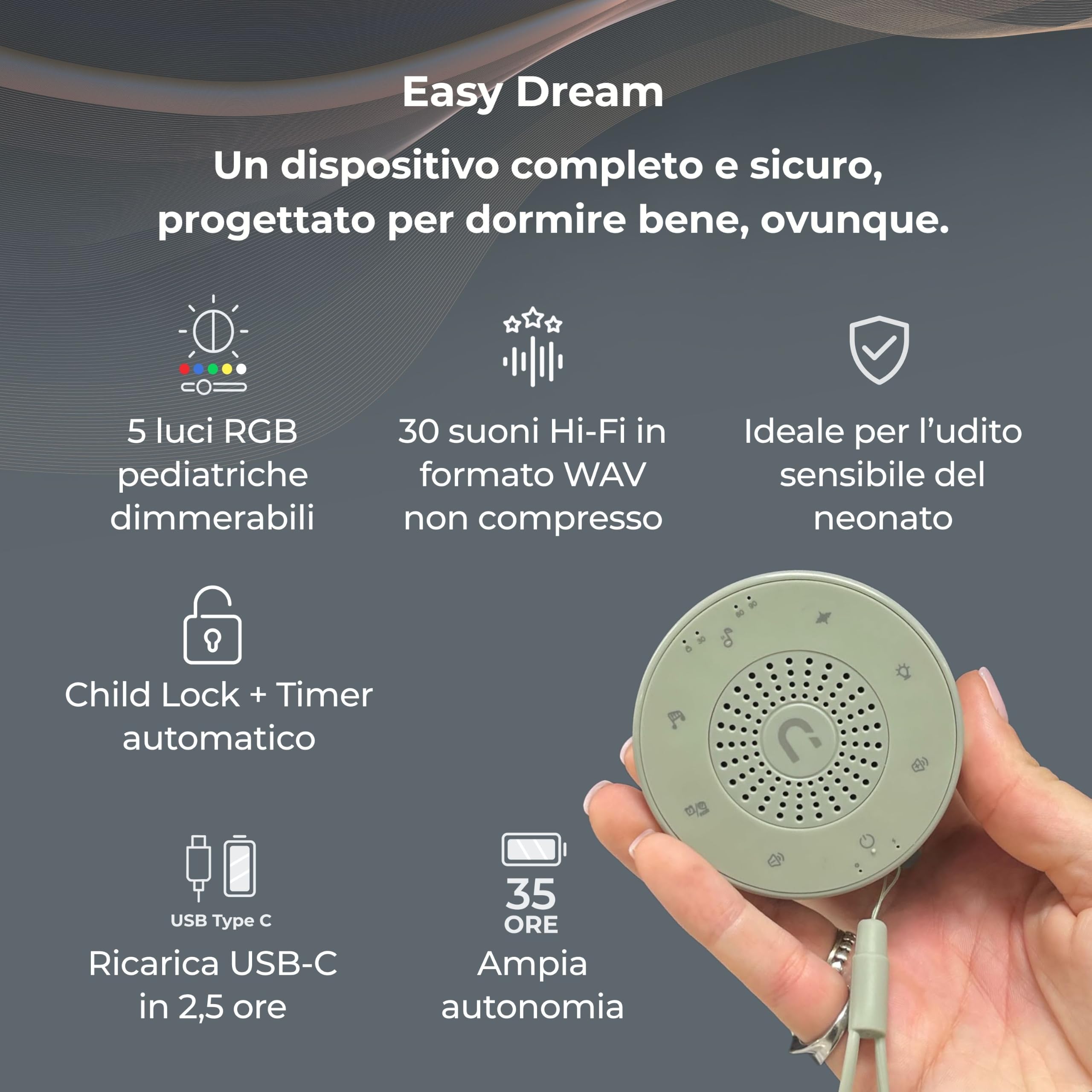 Nuvita 6620 Easy Dream Macchina Rumore Bianco e Luce Notturna – 30 Suoni Hi-Fi, 5 Colori Luce, Ricaricabile, Timer, Fino a 35h di Autonomia