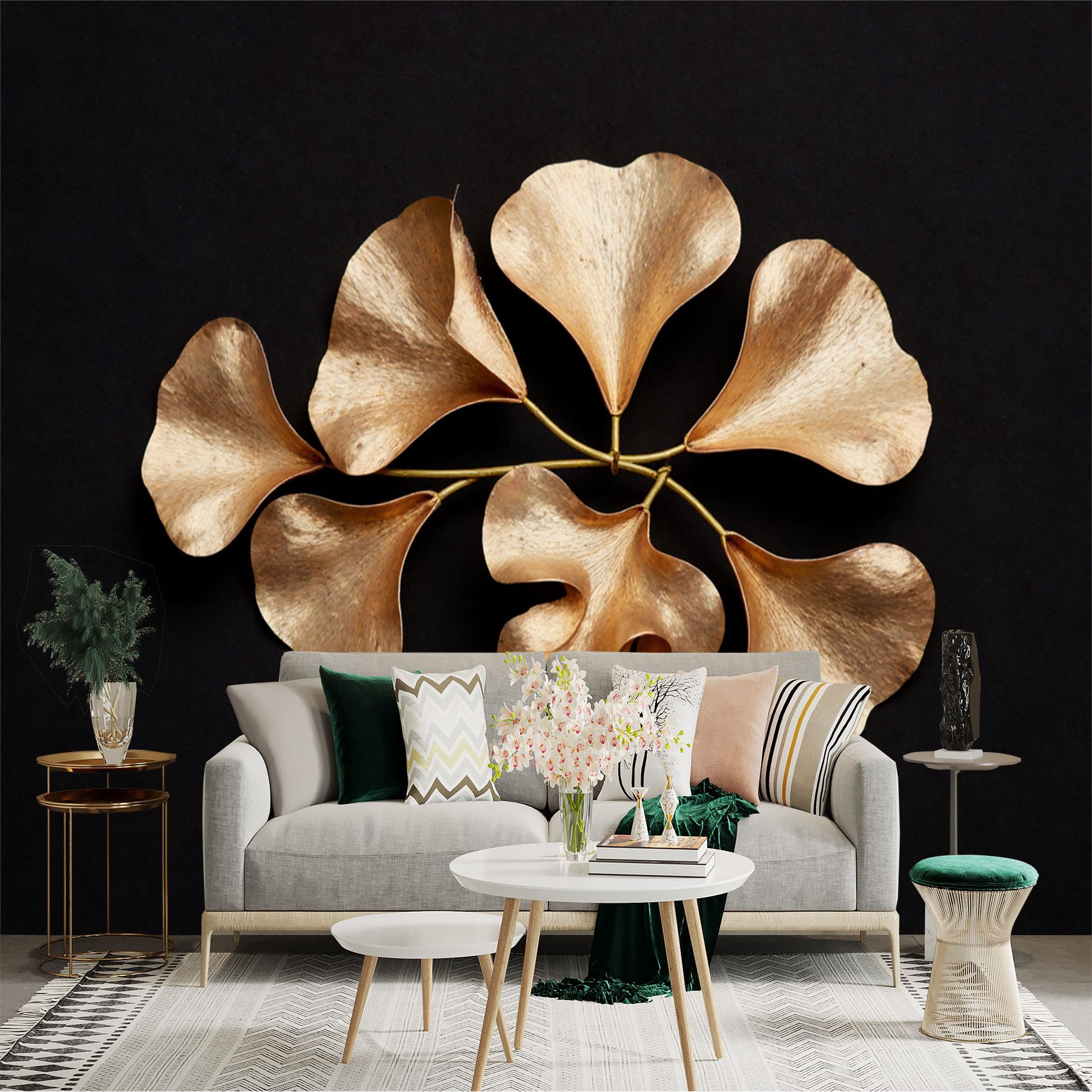 Custom Size Wall Sticker Mural， Metallic Gold Ginkgo Leaves， Minimalist Botanical Art， Elegant Foliage Branch， Modern Home Decor， for wall Decoration， peelandstick wall Decals.