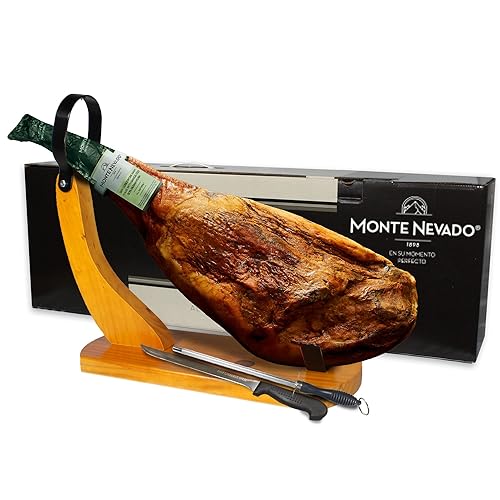 Monte Nevado Jamón Ibérico España Alimentado con cocina Incluye soporte para jamón y cuchillo Peso mínimo 17 libras, 32 meses de tiempo medio de