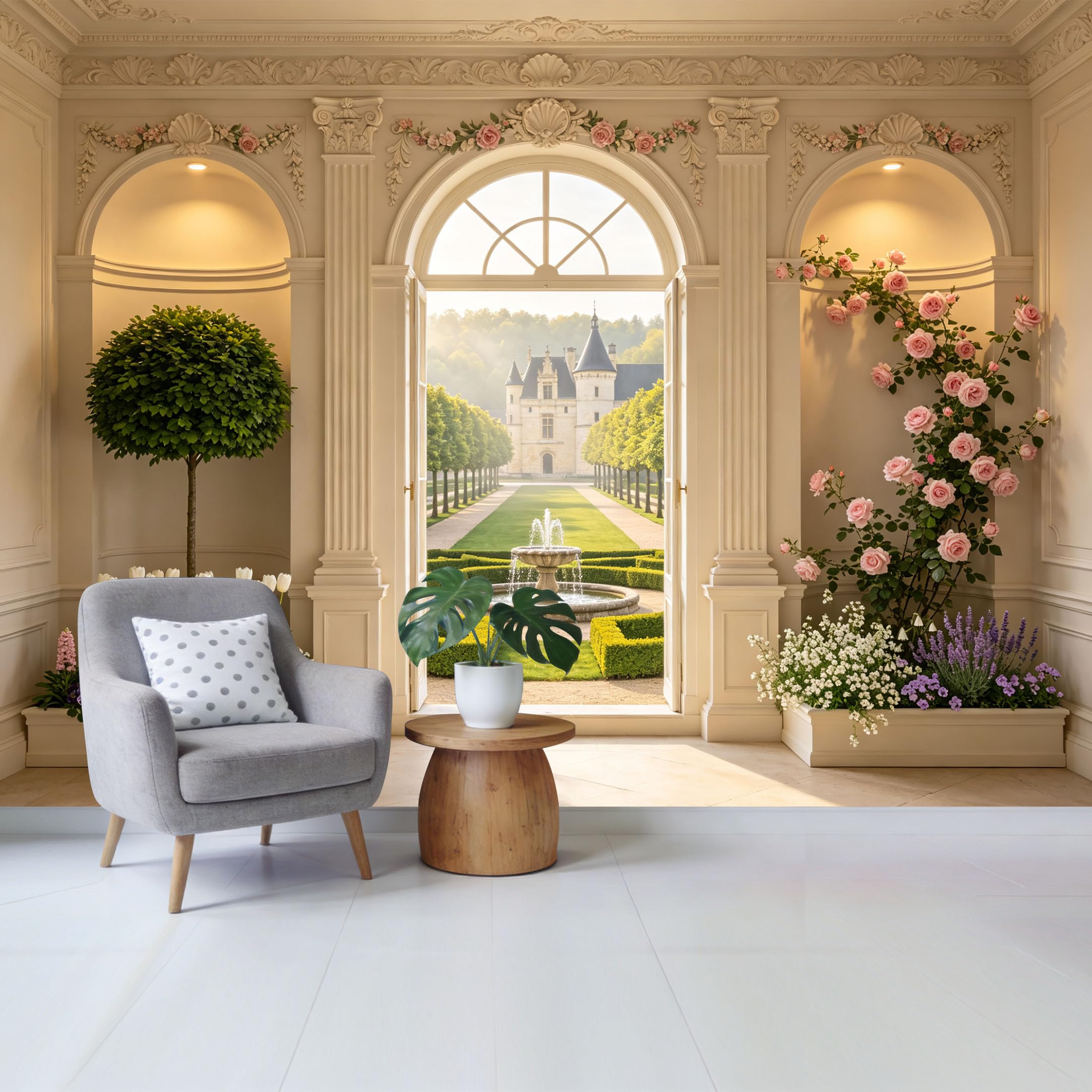 Custom Size Wall Mural Elegant Neoclassical Garden View with Roses Fountain and Chateau Landscape Removable Self Adhesive Fabric Home Wall Decor for Living Room Bedroom Bathroom