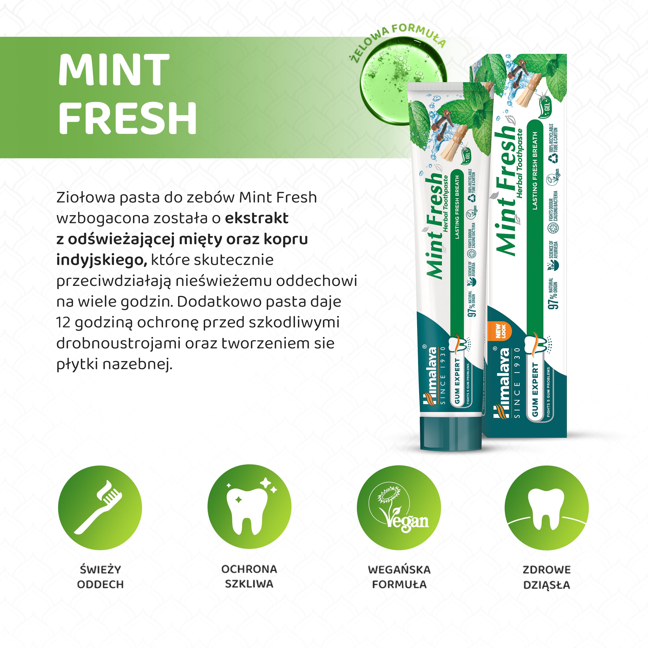 Himalaya Pasta do Zębów Gum Expert - Mint Fresh Długotrwały Świeży Oddech, Ziołowa Formuła, Ochrona przed Szkodliwymi Bakteriami i Tworzeniem się Płytki Nazębnej, 75 ml