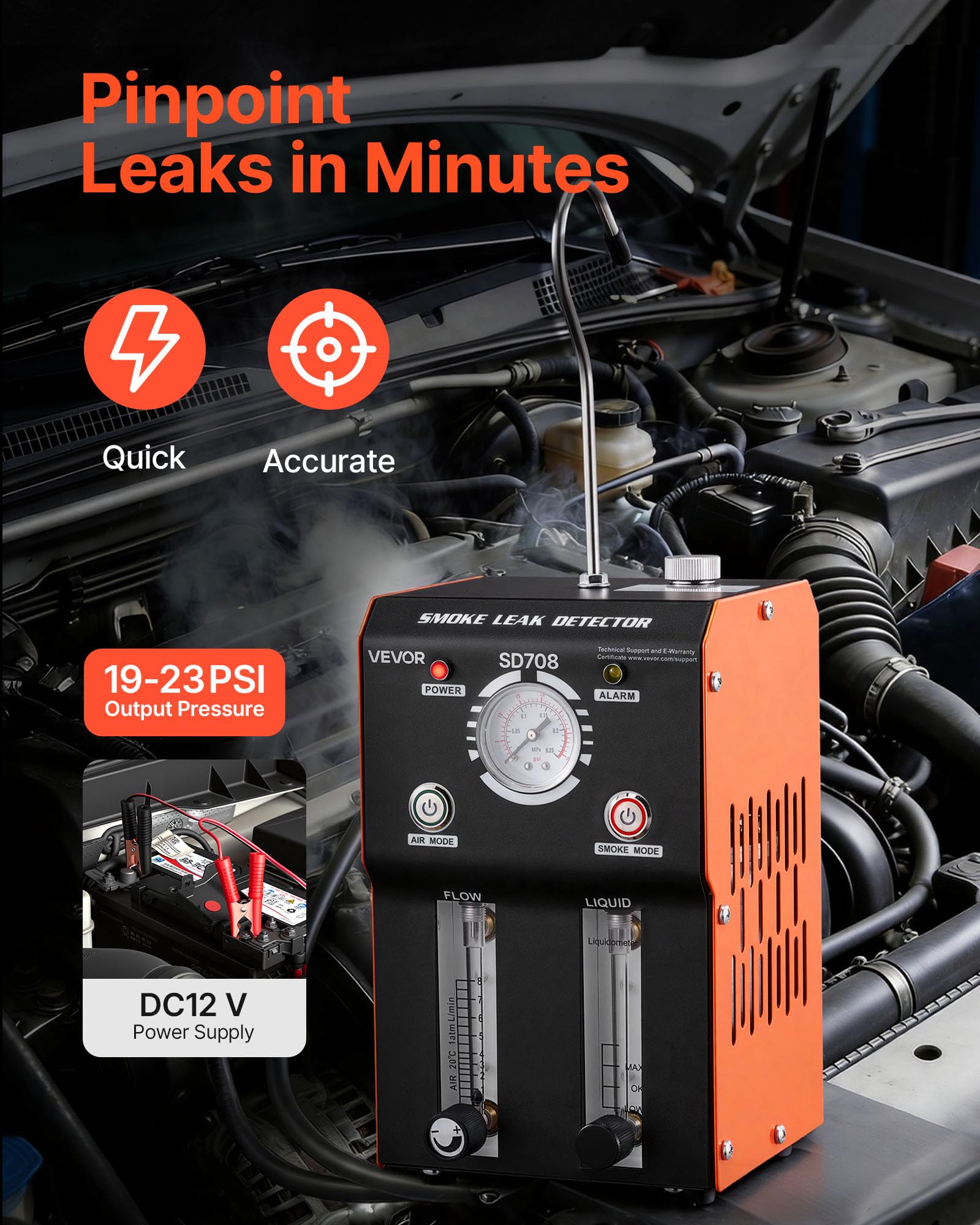 VEVOR Máquina de Fugas de Humo 12V CC, Detector de Fugas de Humo Automotriz Probador de Vacío EVAP, con Bomba de Aire, Presión de Salida 19-23 PSI, Diagnóstico de Tuberías de Combustible para Coches