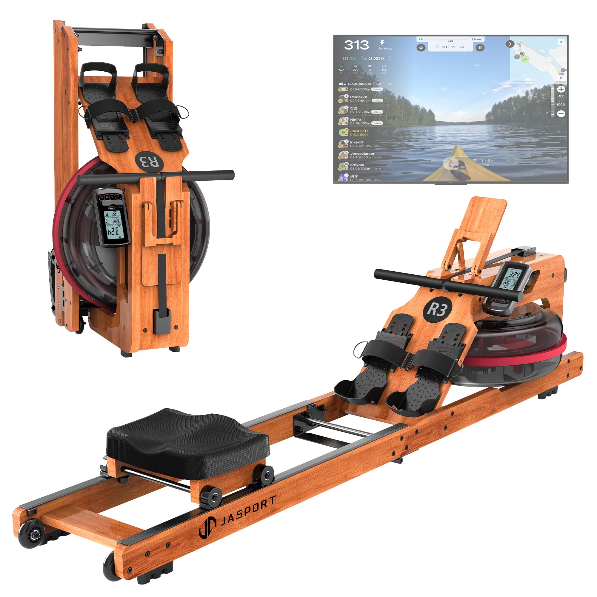 R3 składany wioślarz z drewna dębowego, LCD Bluetooth, kompatybilny z Kinomap, zbiornik 28 l, maks. obciążenie 150 kg, ergonomiczne siedzisko, regulowany uchwyt na tablet.