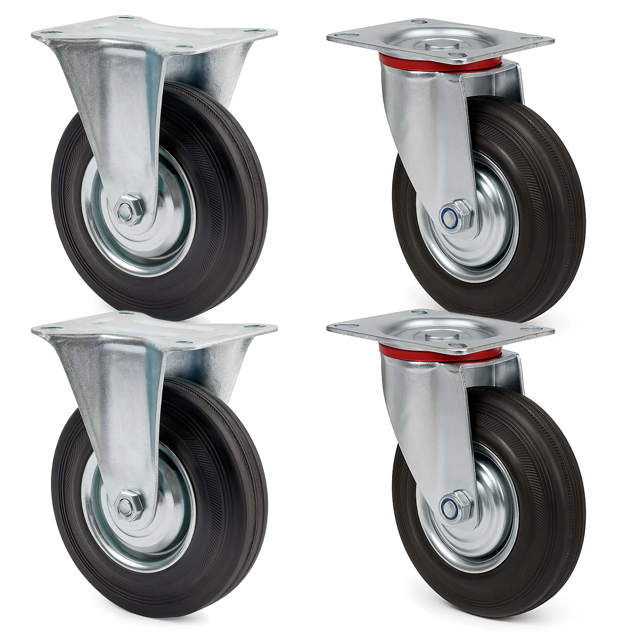 Set of Transport Rollers 125mm 2x Castor and 2x Fixed Castor, Solid Tyres and Metal Rim, 100kg/Wheel