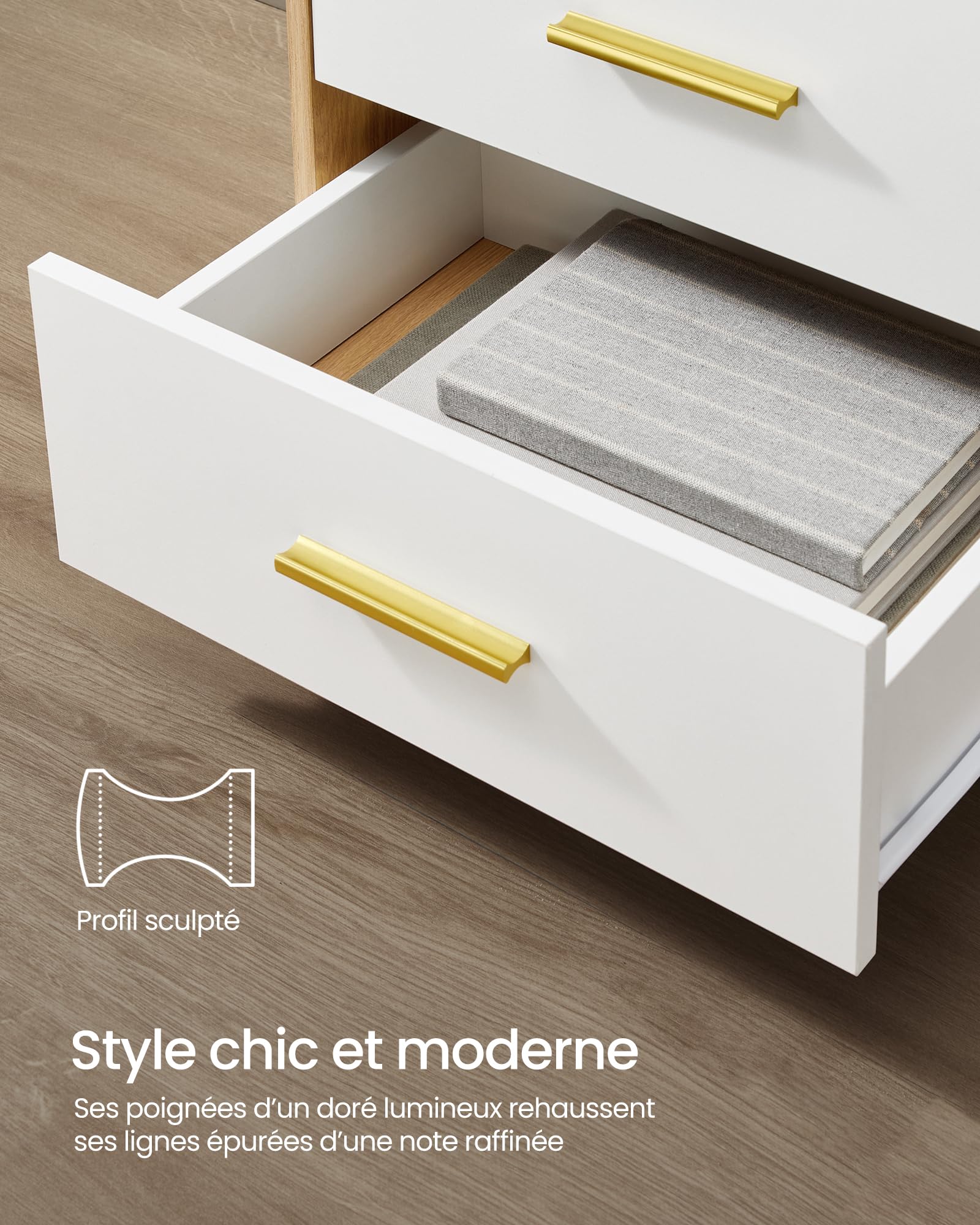 VASAGLE Custos Collection - Table de Chevet avec Multiprise, LED, Table d’Appoint avec Tiroirs, Compartiment Ouvert, 2 Prises CA, Ports USB, Jaune Paille et Blanc texturé LET829YD02