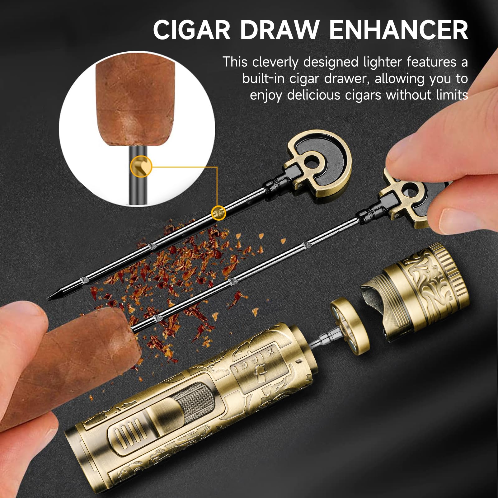 XIFEI Taschenlampe Feuerzeug, 4 in 1 Zigarrenfeuerzeug mit Jet Flame, Punch, Halter, Draw Enhancer, Winddicht Nachfüllbar Butan Feuerzeuge, Multifunktions Zigarren Zubehör Geschenk für Männer (Bronze)