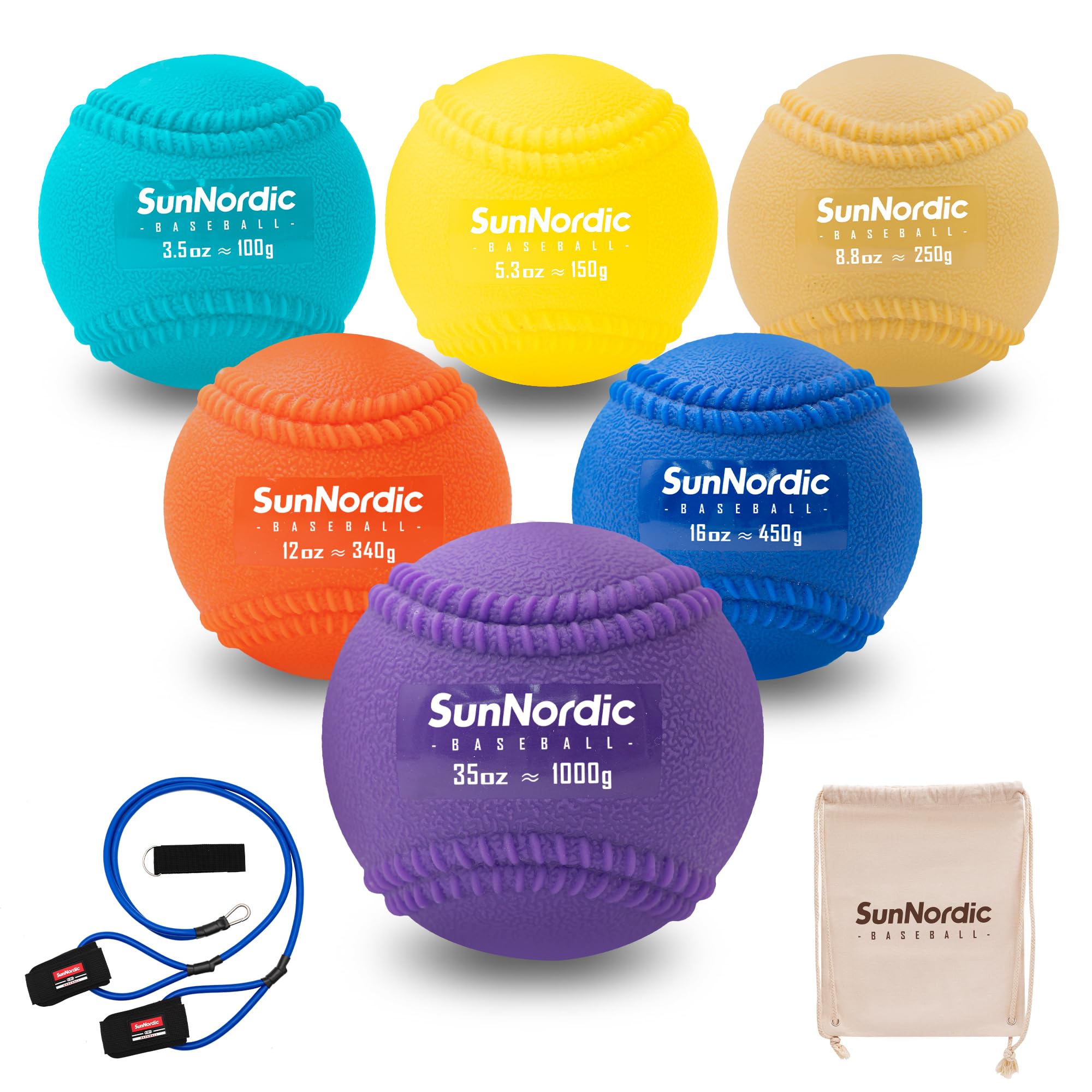 SunNordic 6/9 Pack Seams Plyometric Weighted Baseball Set (3.5-16/35/53/70 oz) - Variable Weight Plyo Baseballs for Improved Power & Pitching Training