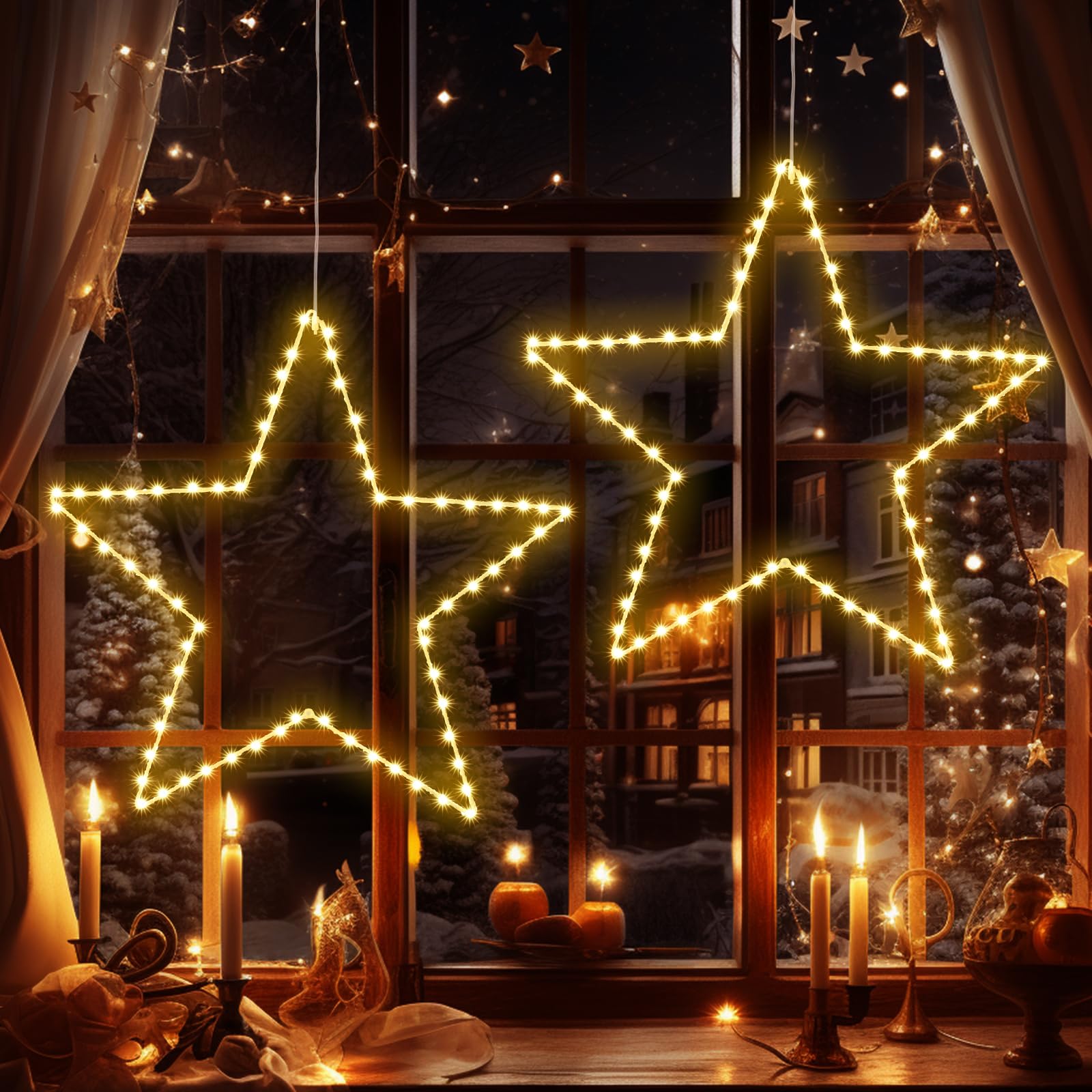Weihnachtsdeko mit 2 große 50CM Metall Sterne, 140 LED Weihnachtsstern Beleuchtung Innen Batterie Warmweiß faltbar 8 Modi Wasserdicht Weihnachtsbeleuchtung Außen mit Timer